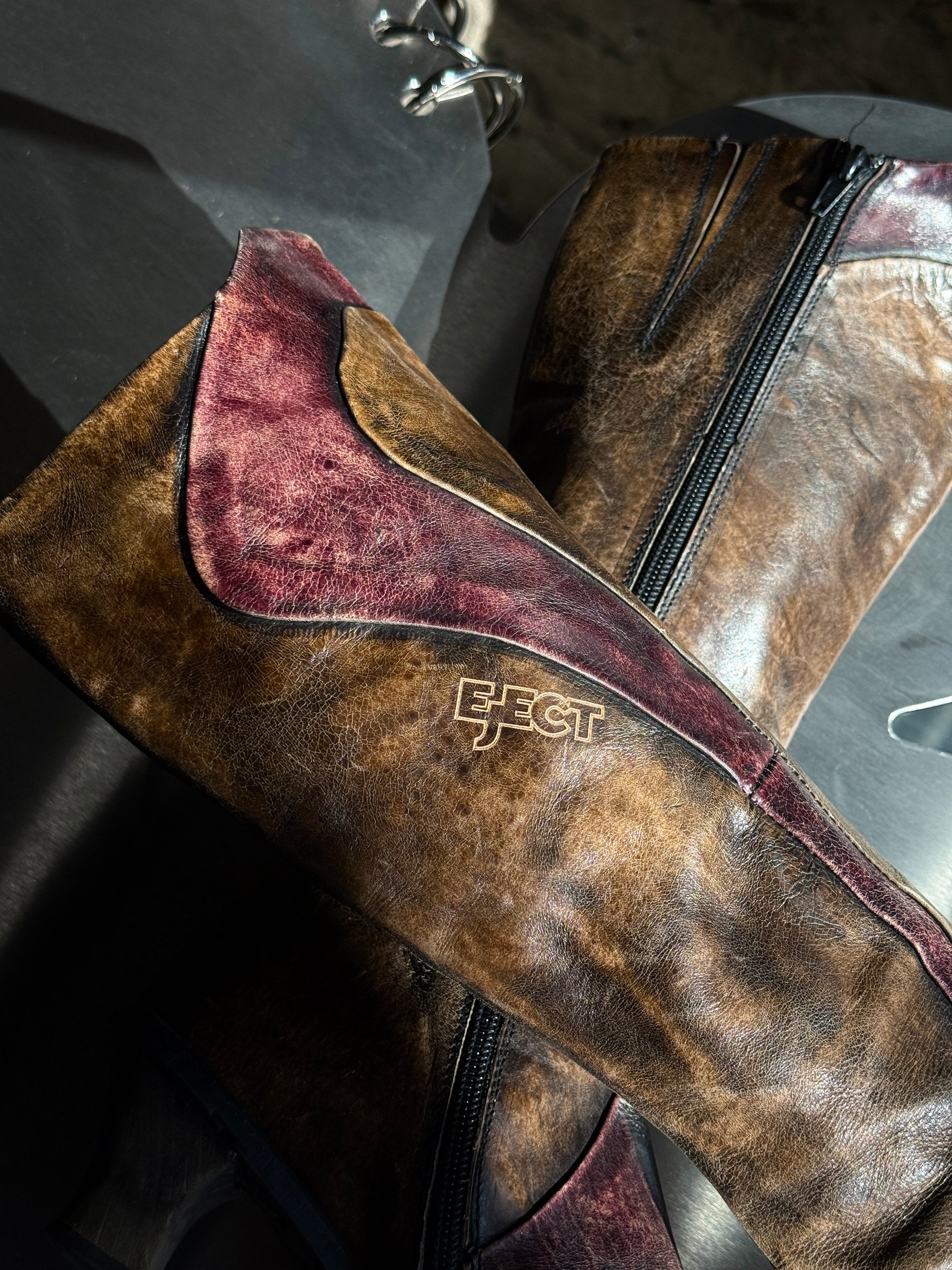 Vintage Eject Knee High Leather Boots Brown/Burgundy - EU 39
