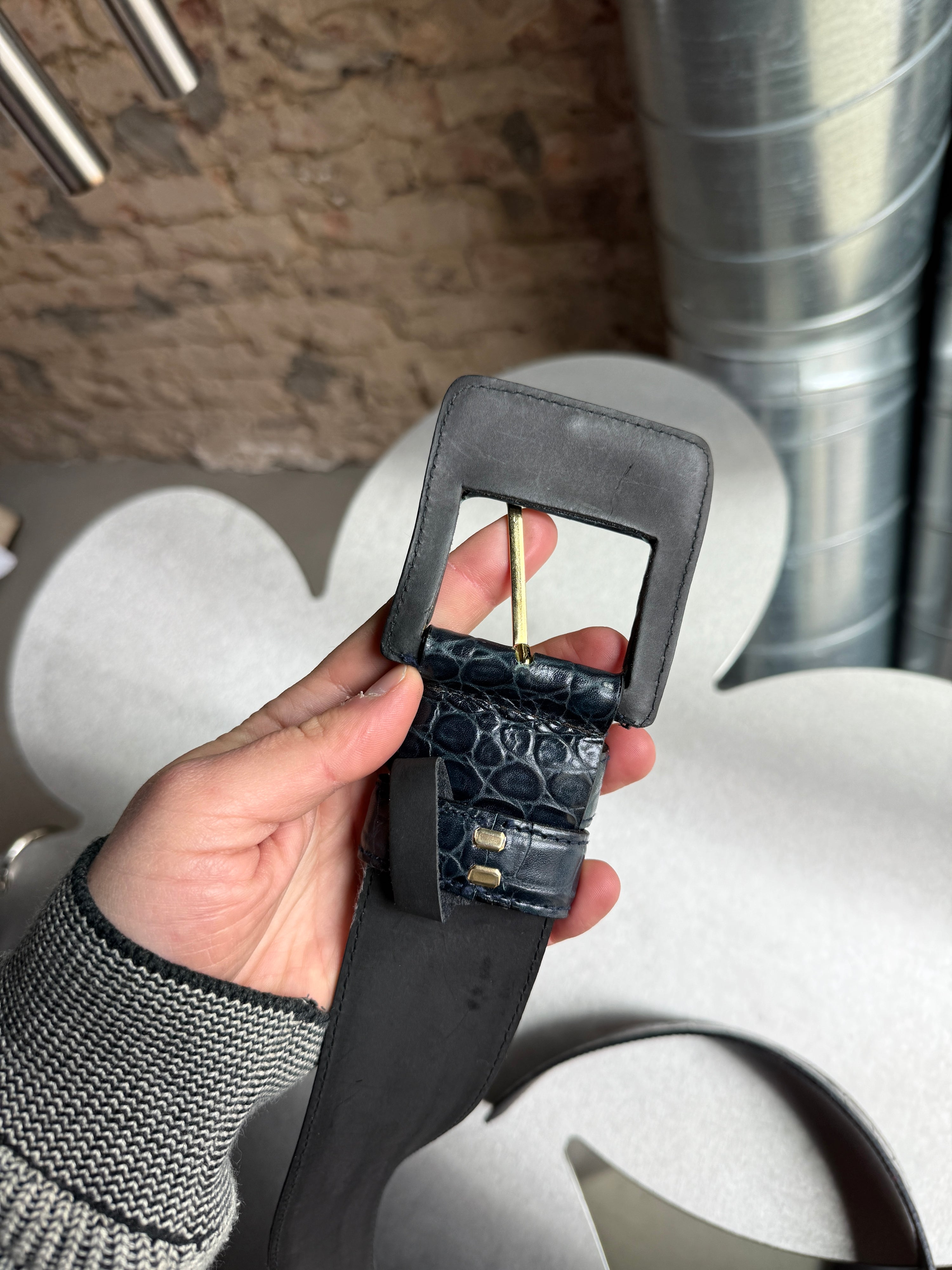 Vintage Max Mara Crocodile Pattern Leather Belt Petrol - L