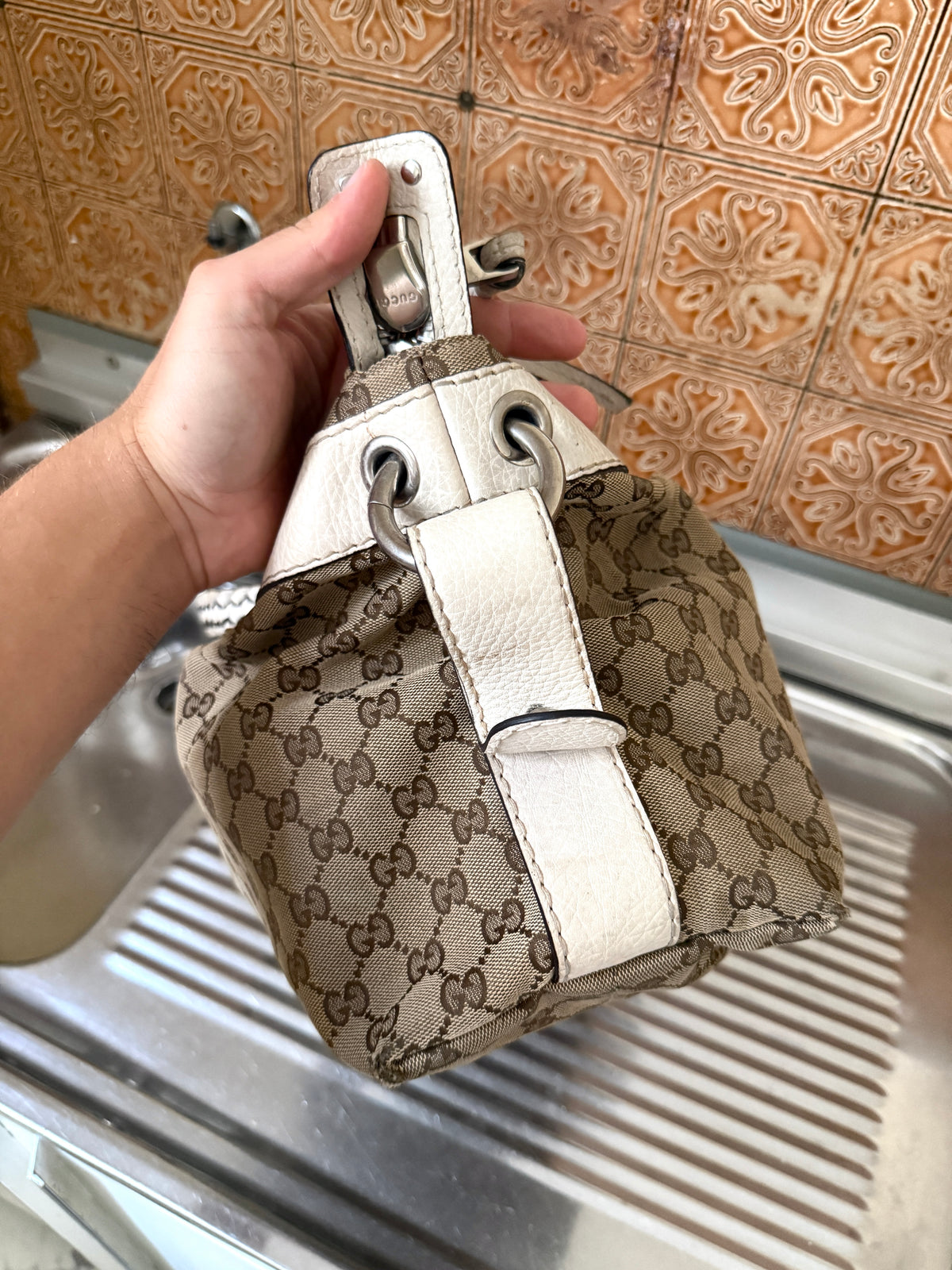 Gucci GG Bamboo Bar Medium Monogram White Shoulder Bag