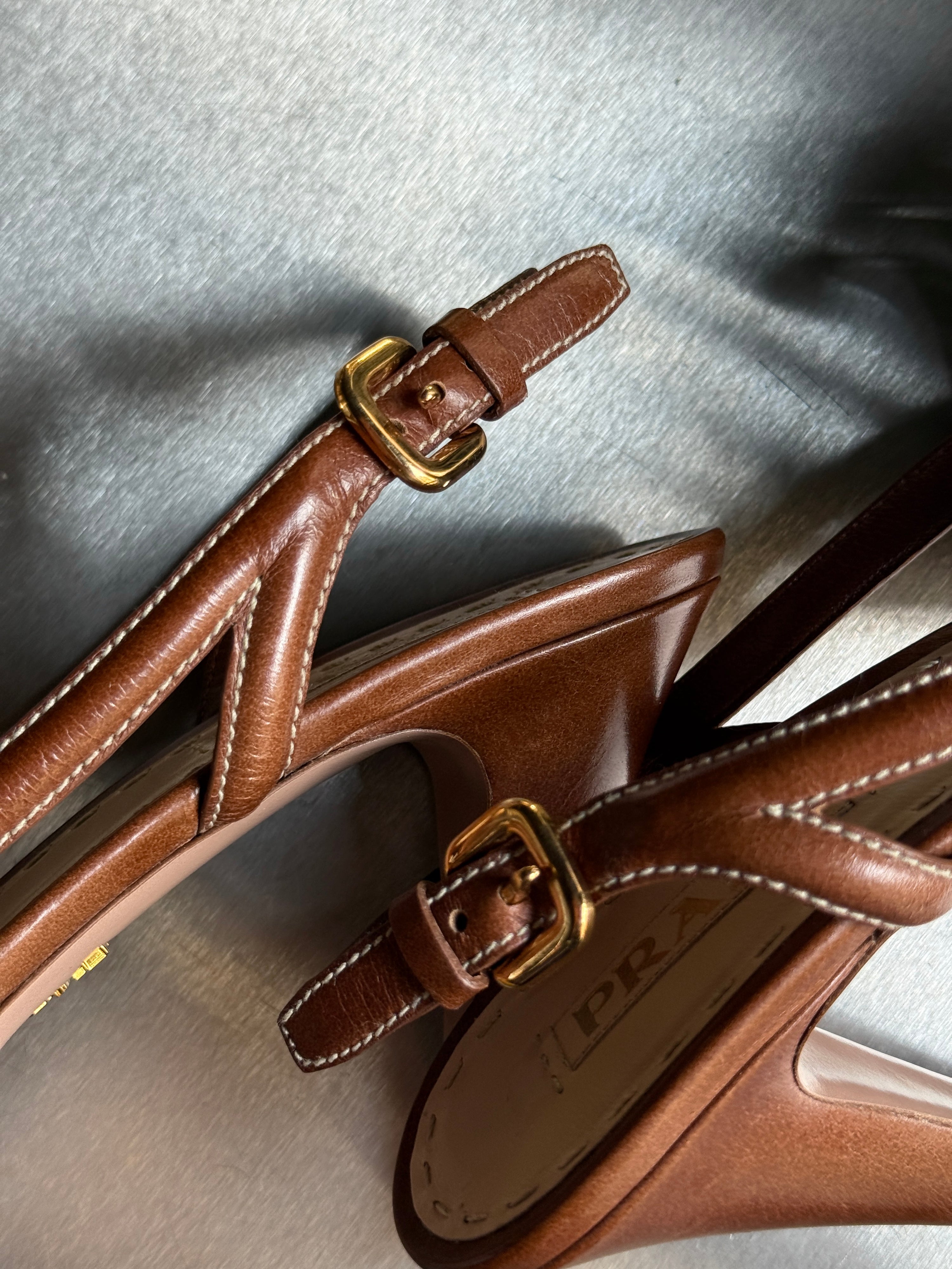 Prada Slingback Bow Leather Heels Brown (with box) - EU 40