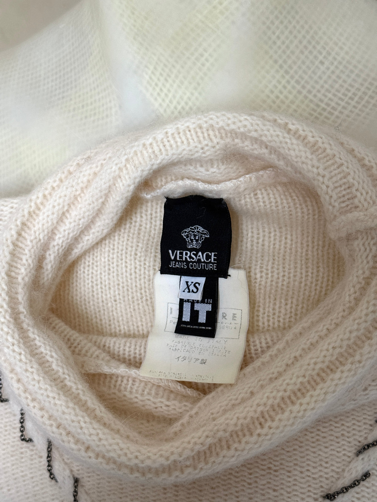 Vintage "Versace Jeans Couture" Cream  Whipstitch Chain Wool Turtleneck Knit - XS