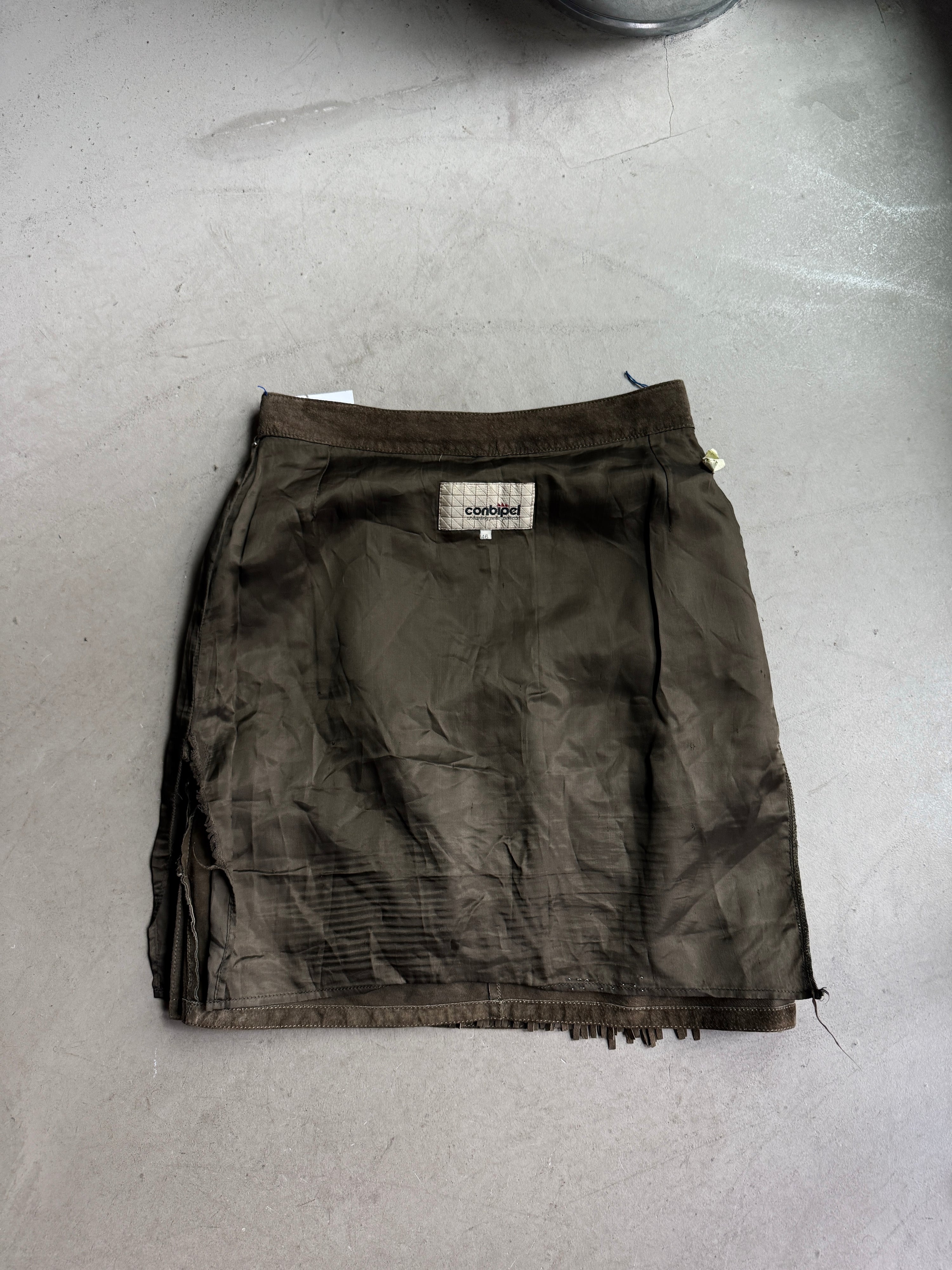 Vintage Conbipel Suede Fringed Leather Knee Skirt Brown - W30