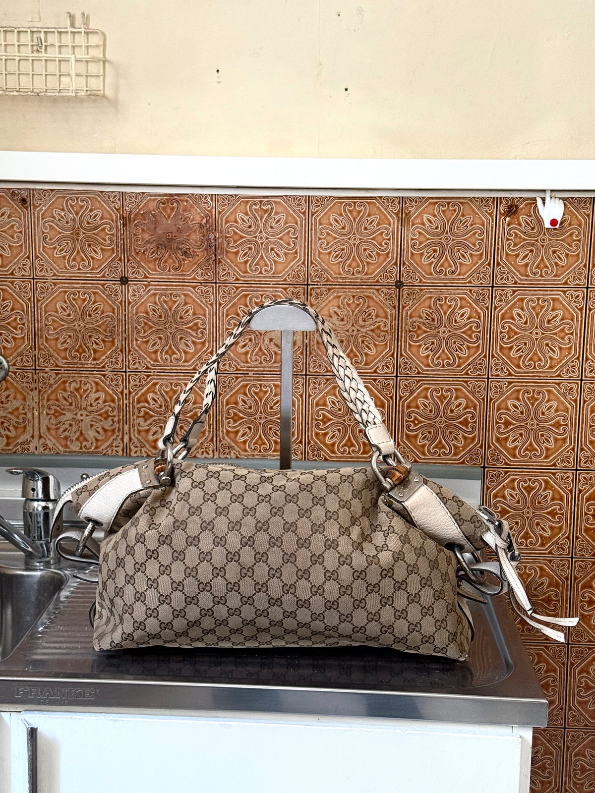 Gucci GG Bamboo Bar Medium Monogram White Shoulder Bag
