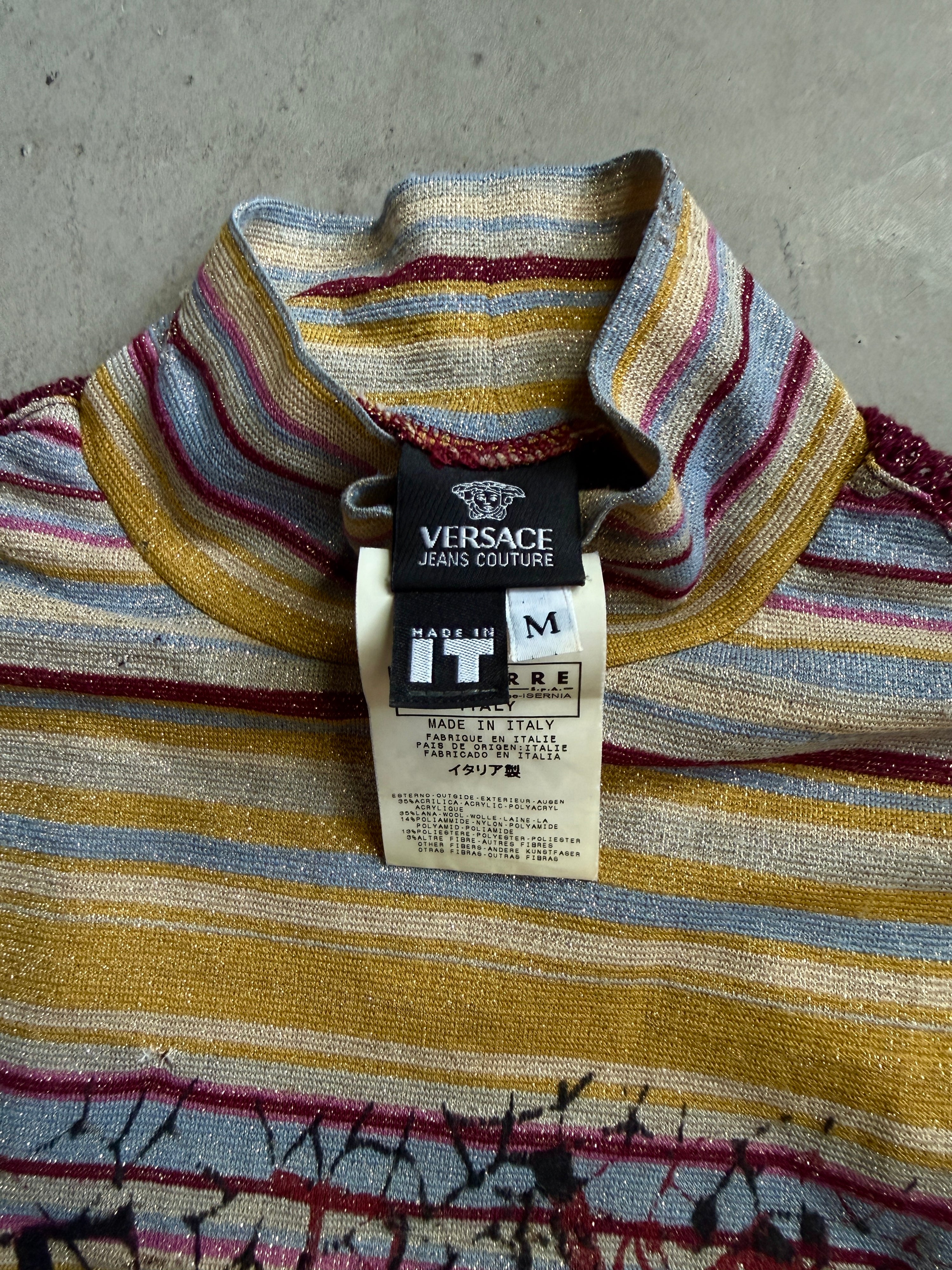 Vintage 2000s Versace Striped Turtleneck Shiny Mockneck Longsleeve Top - S