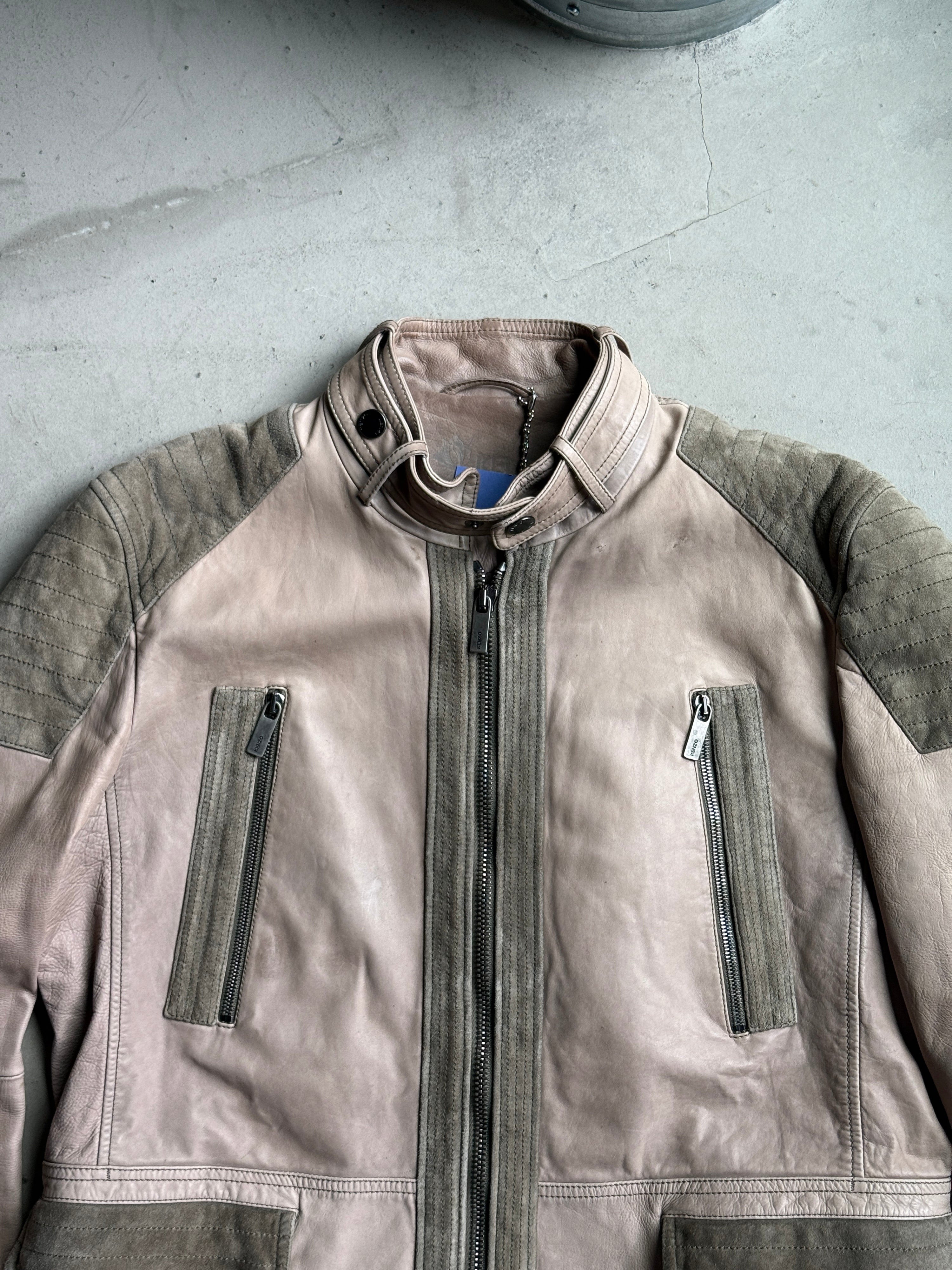 Vintage Kenzo Leather Biker Jacket Taupe / Khaki - L