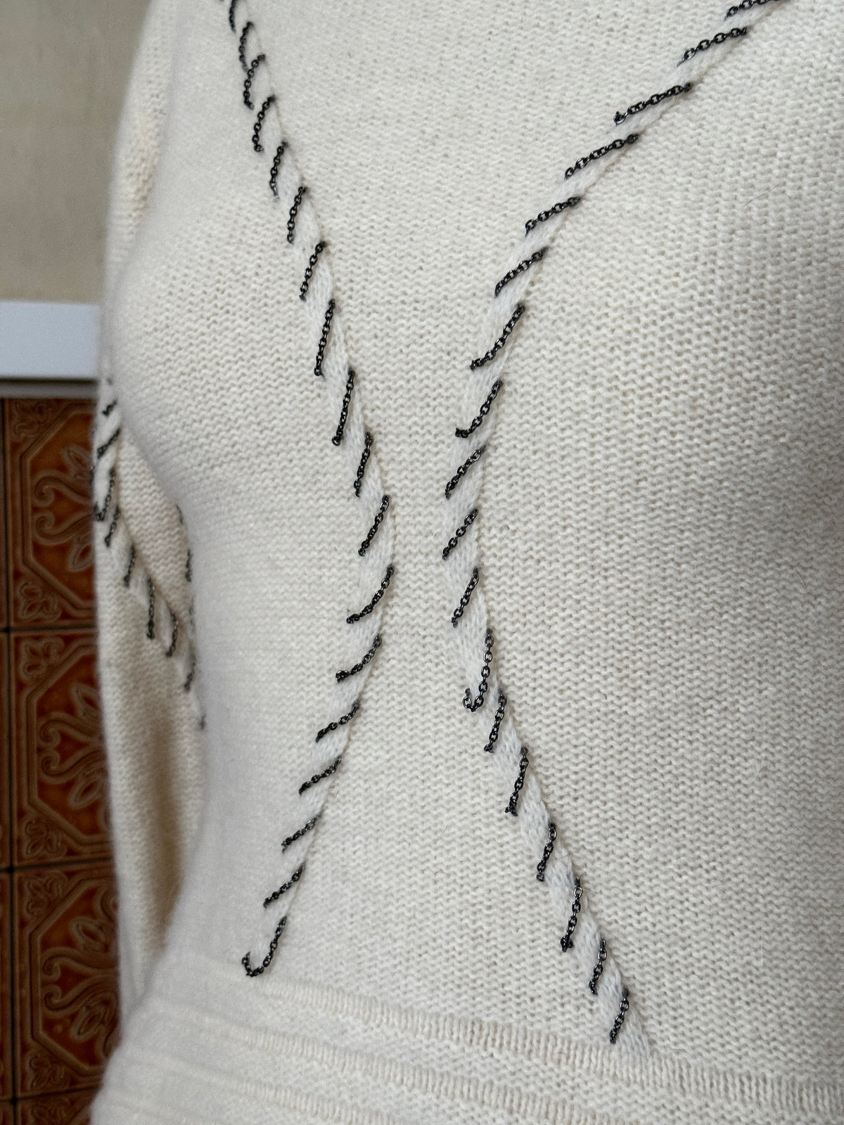 Vintage "Versace Jeans Couture" Cream  Whipstitch Chain Wool Turtleneck Knit - XS