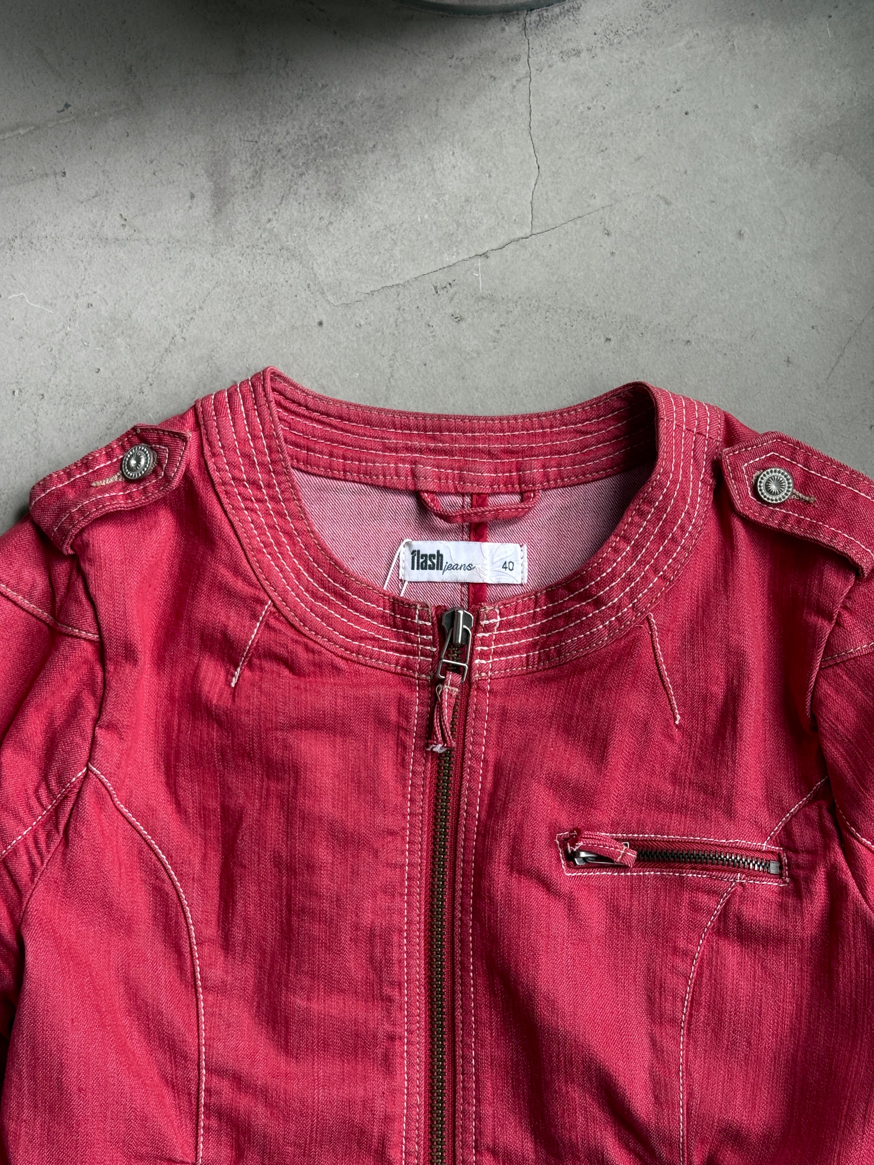 Vintage “Flash Woman” Cropped Zip Denim Jacket Red - S