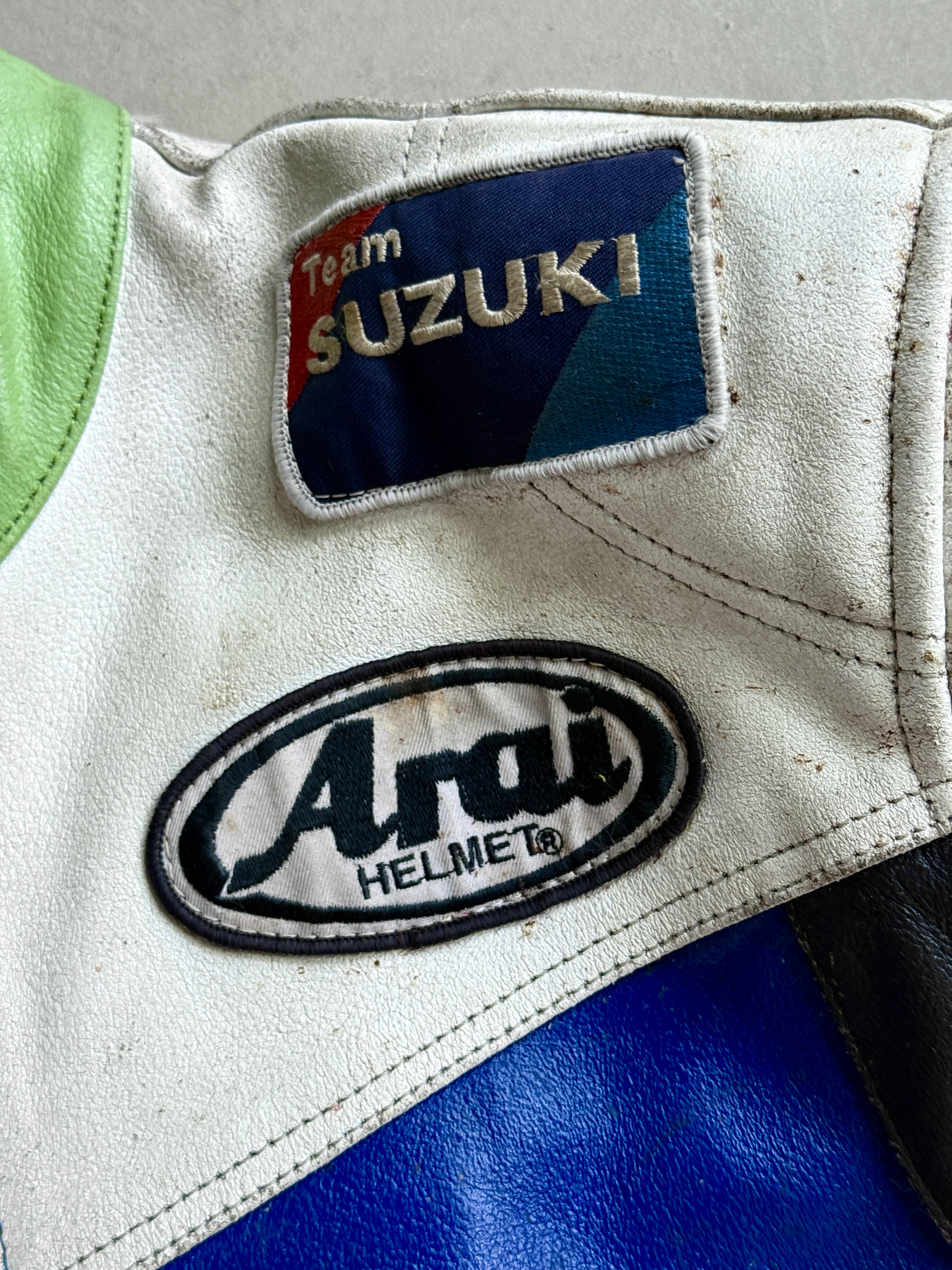 Vintage Suzuki Movi Star Racing Biker Leather Jacket Green / Blue - M