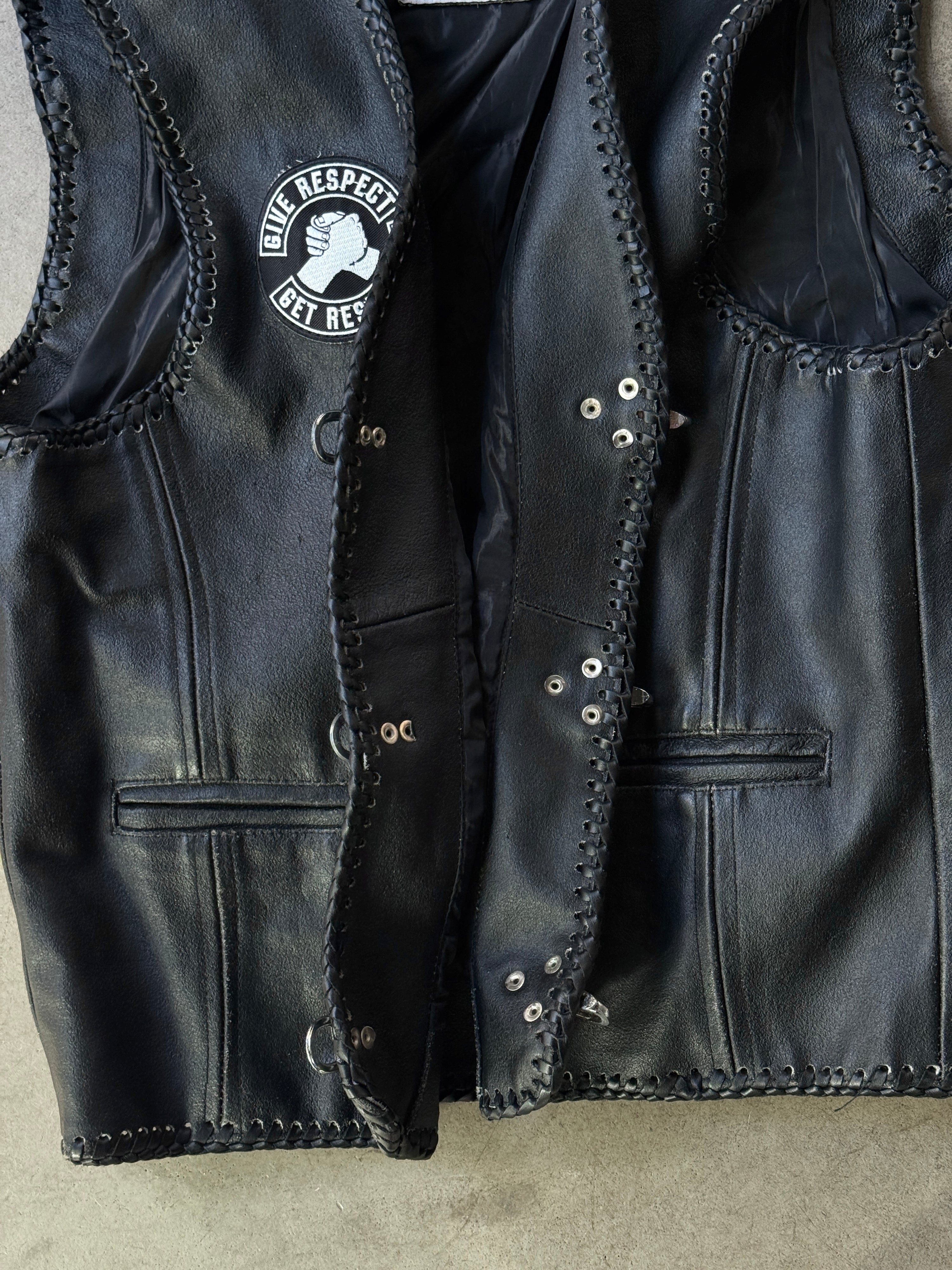 Vintage Gaudi Leather Biker Vest Black  - L