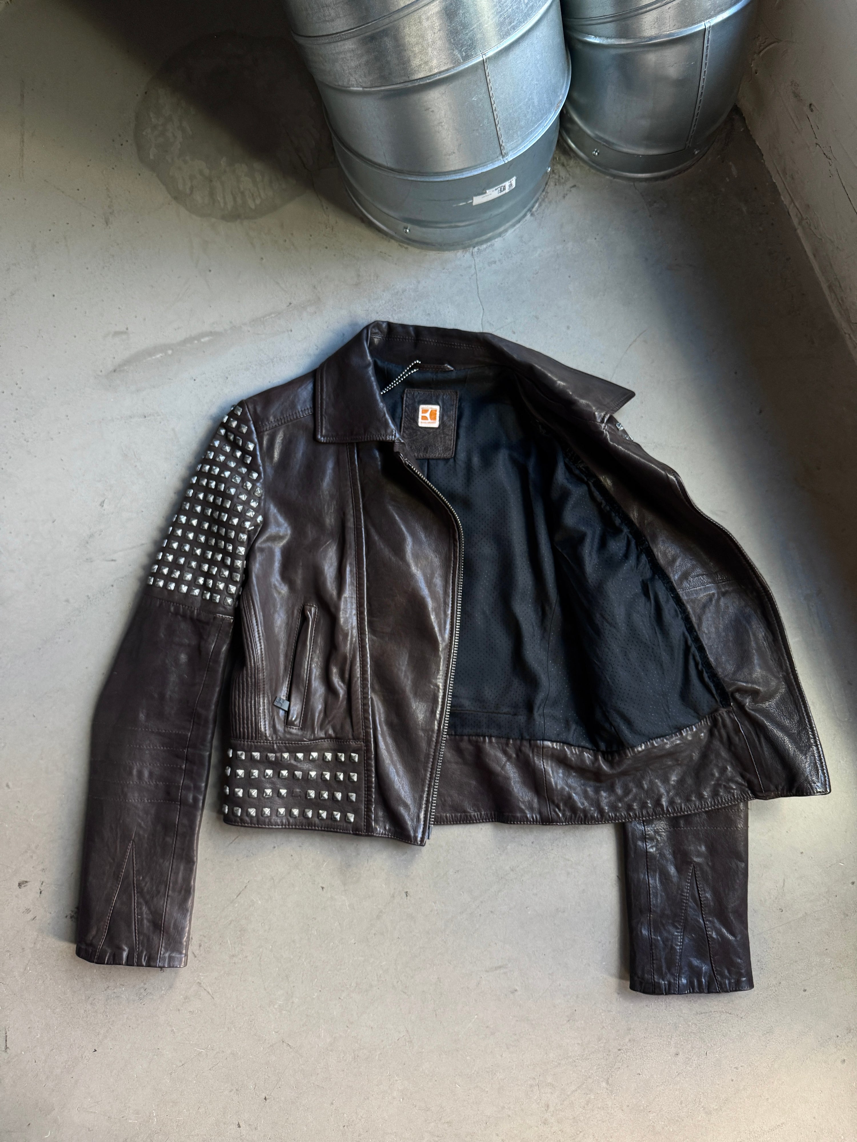 Vintage 2000s Hugo Boss Orange Studded Biker Leather Jacket Brown - S