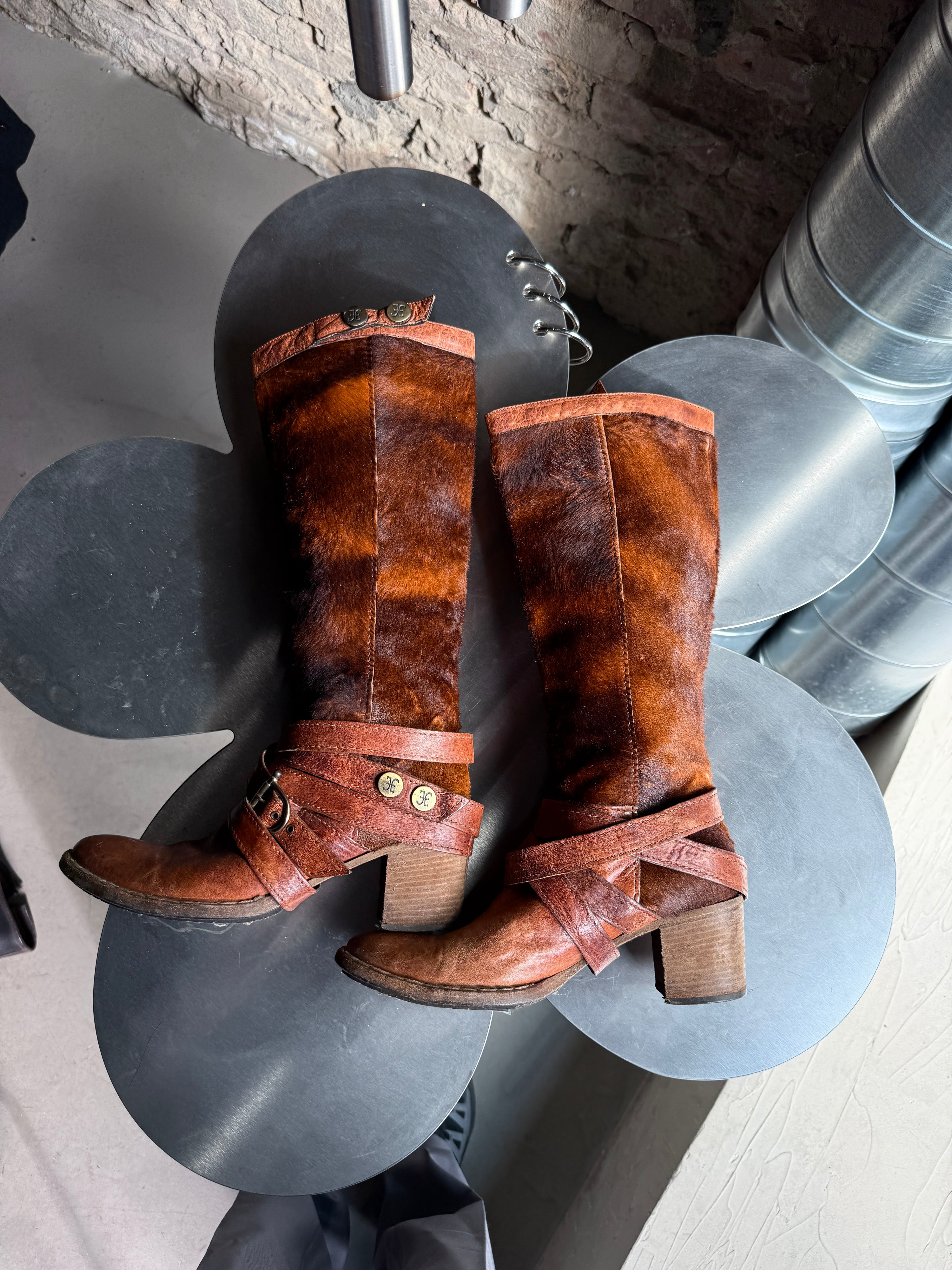 Vintage Fabi Italian Leather & Faux Fur Buckle Boots Brown - EU 38.5