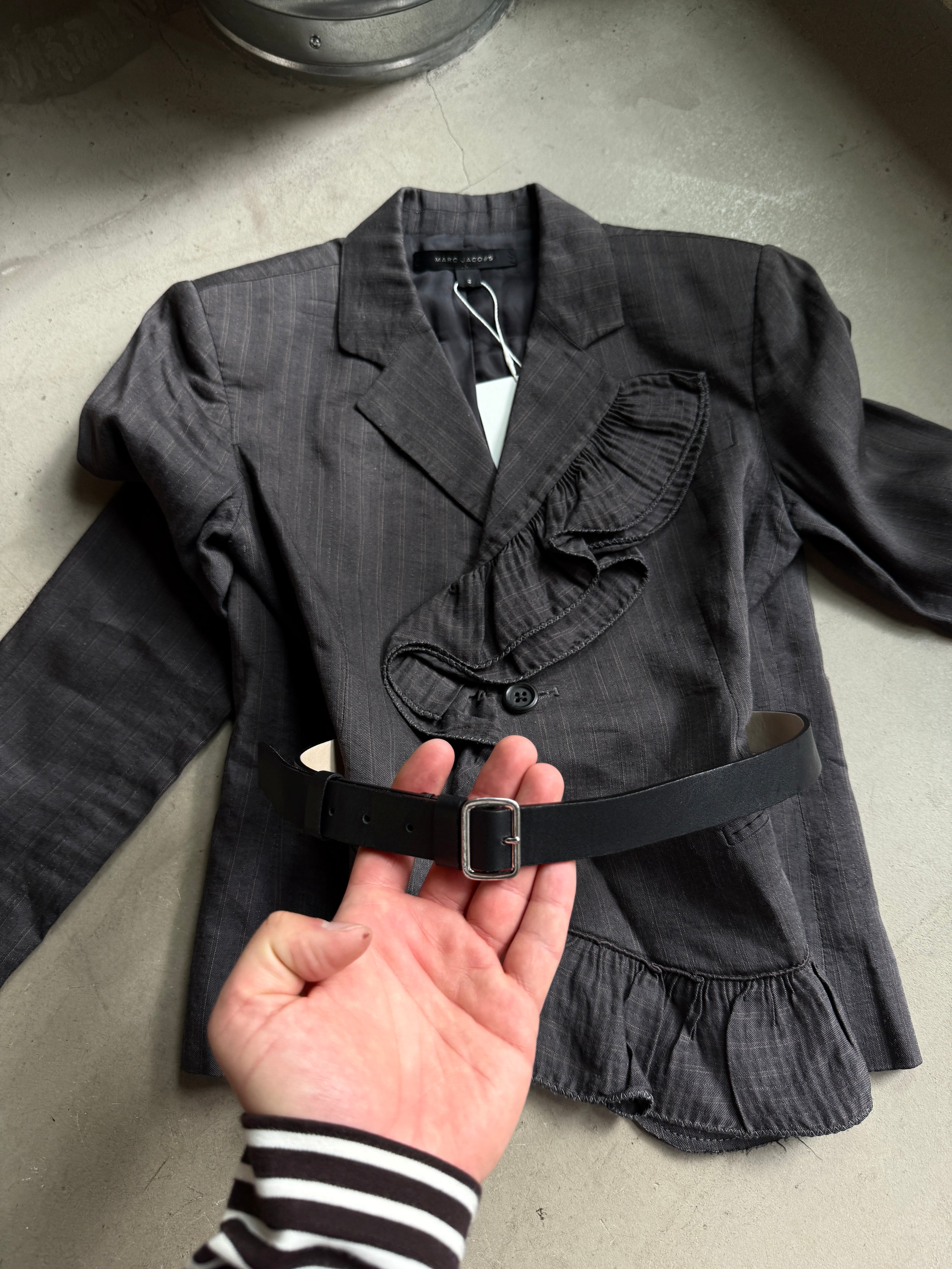 Vintage 2000s Marc Jacobs Pinstripe Ruffle Cropped Blazer