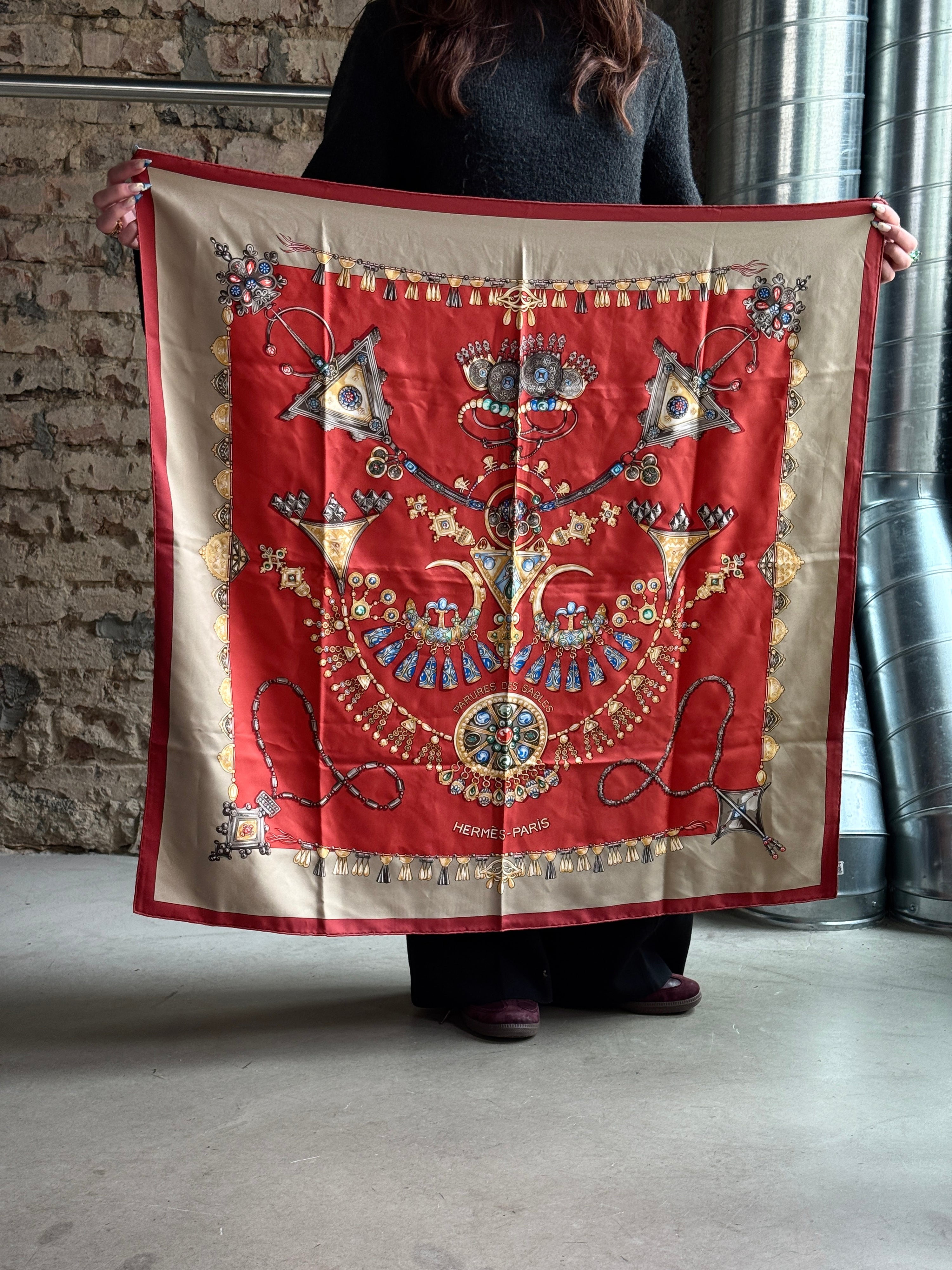Vintage 1990s Hermes “Parures des Sables” Hermès Silk Scarf Red