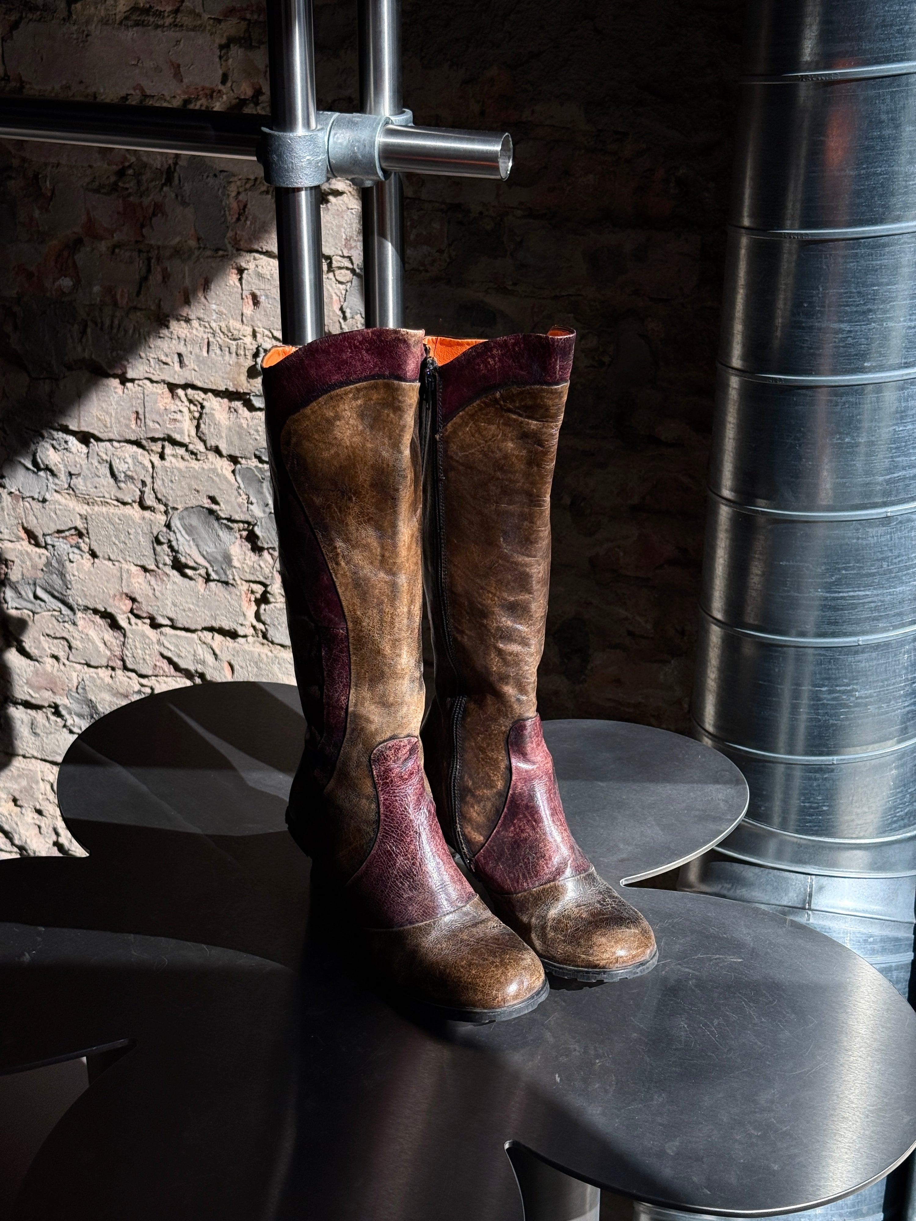 Vintage Eject Knee High Leather Boots Brown/Burgundy - EU 39