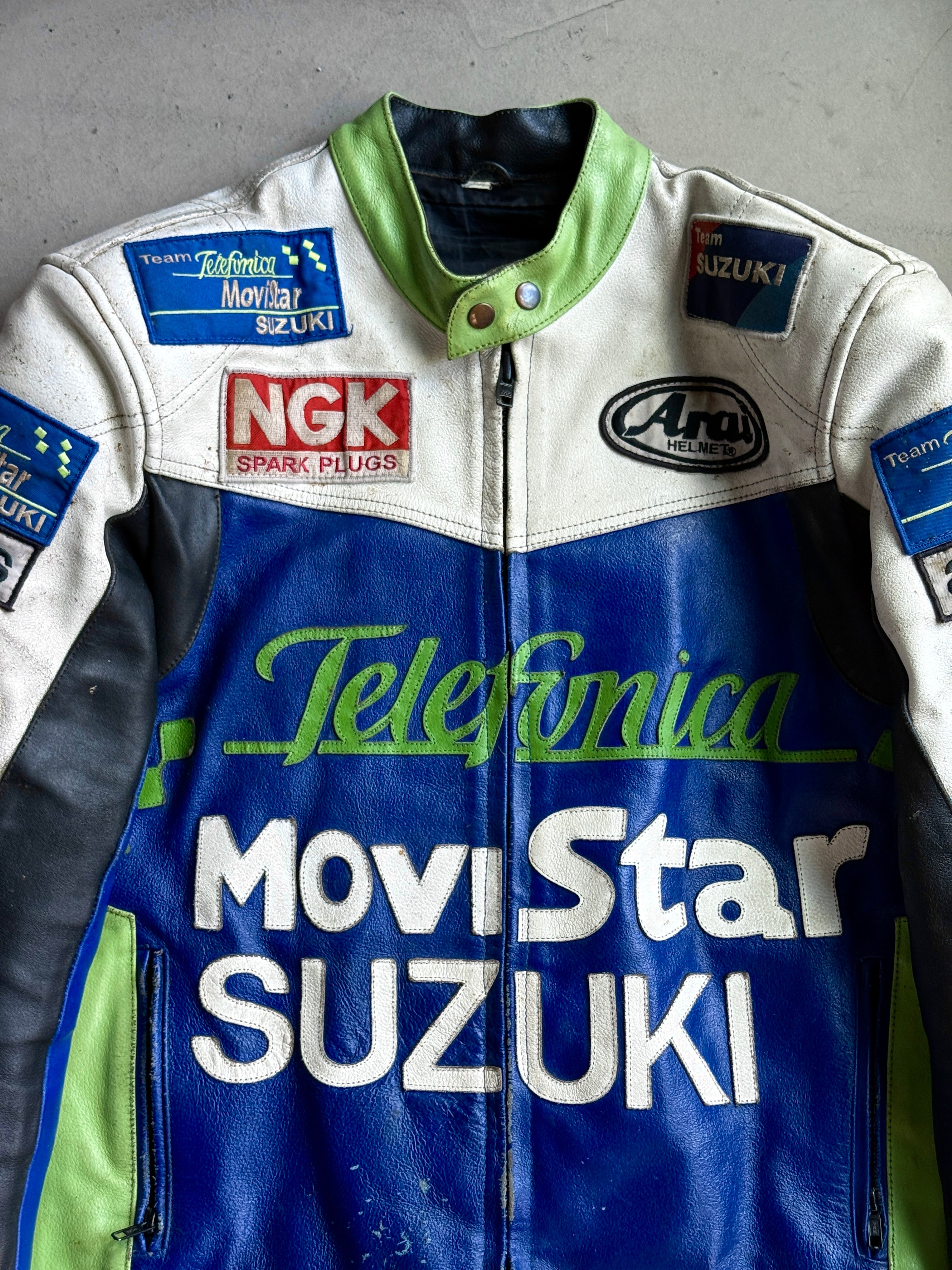 Vintage Suzuki Movi Star Racing Biker Leather Jacket Green / Blue - M