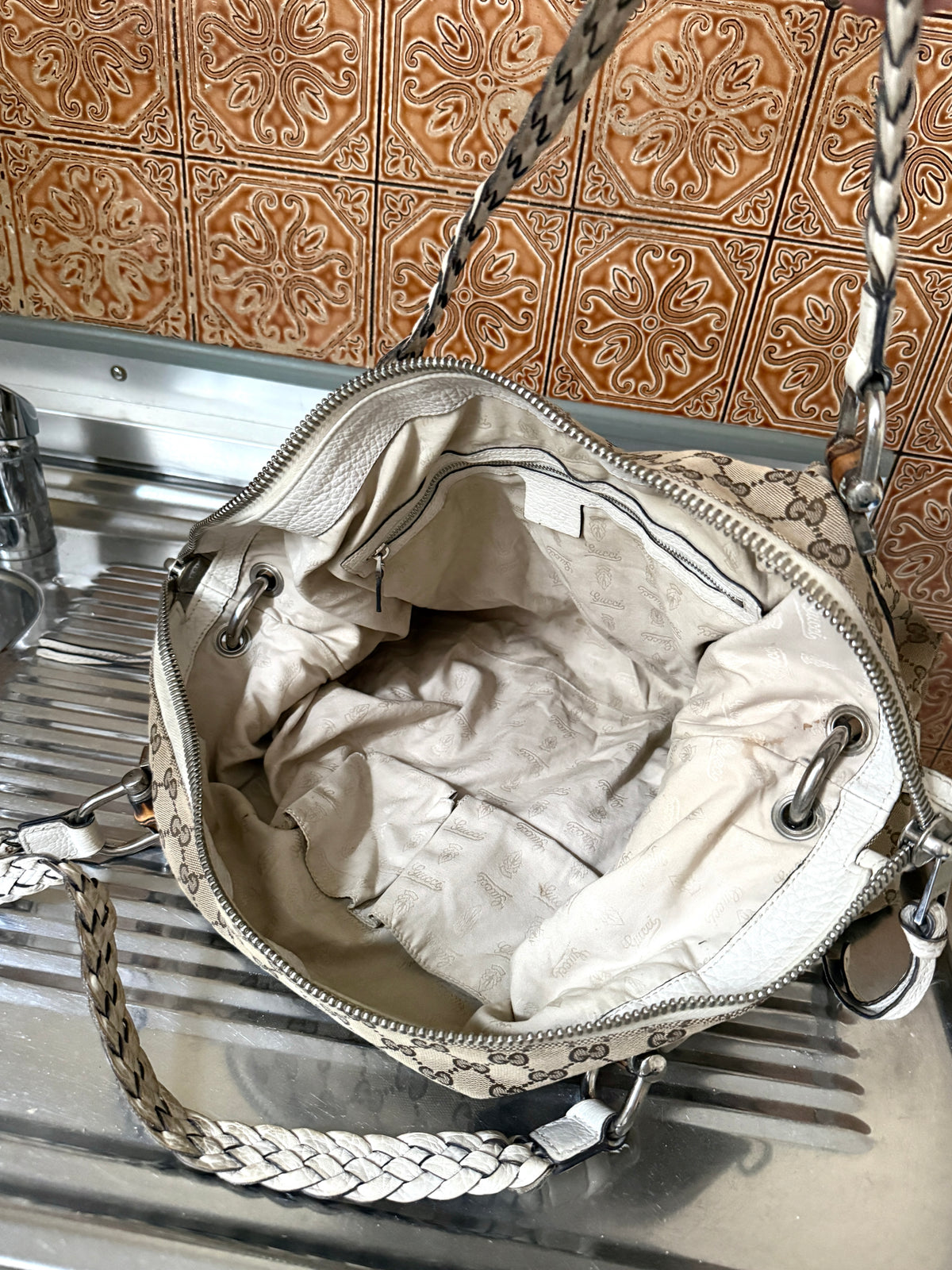 Gucci GG Bamboo Bar Medium Monogram White Shoulder Bag