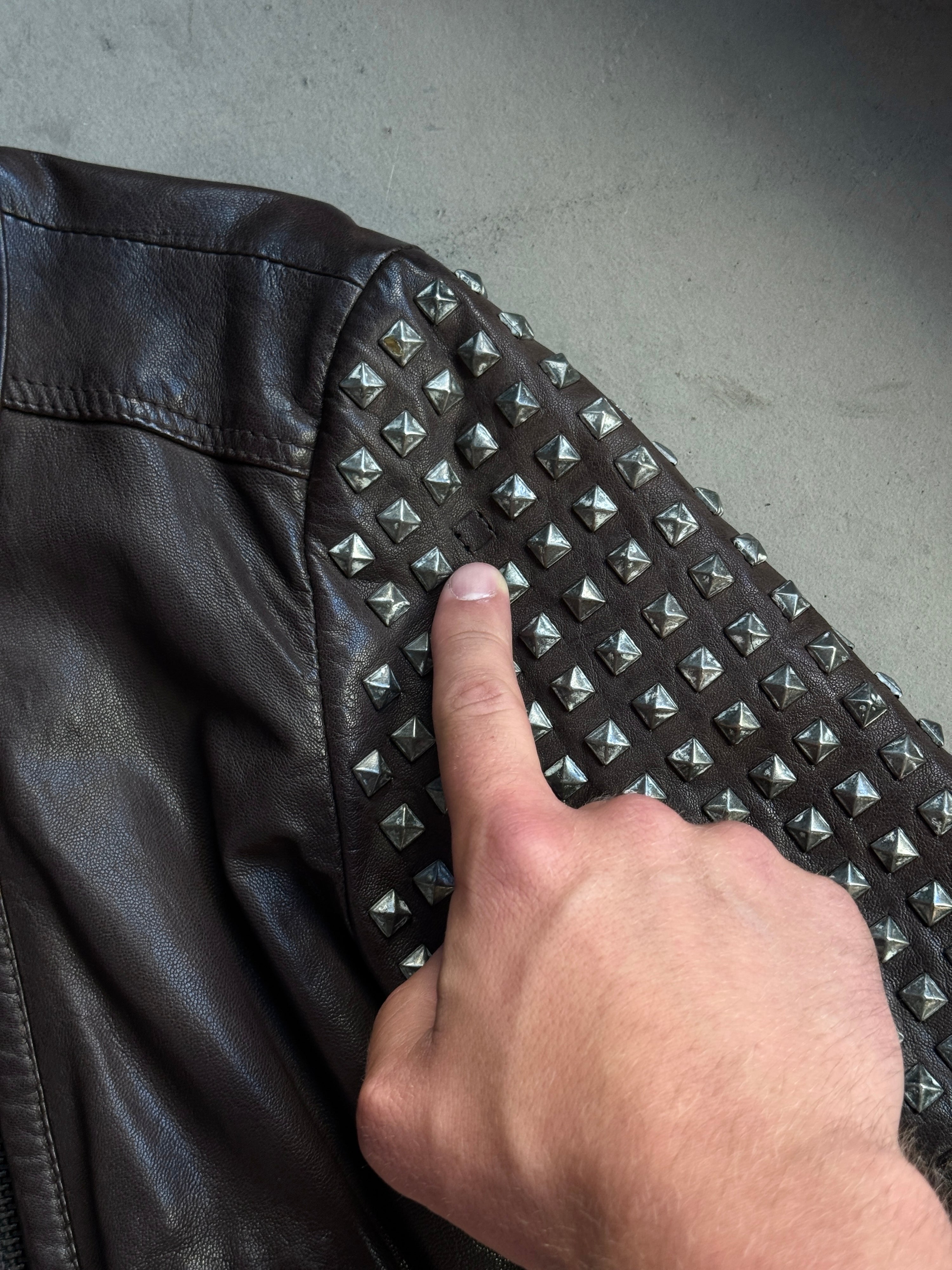 Vintage 2000s Hugo Boss Orange Studded Biker Leather Jacket Brown - S