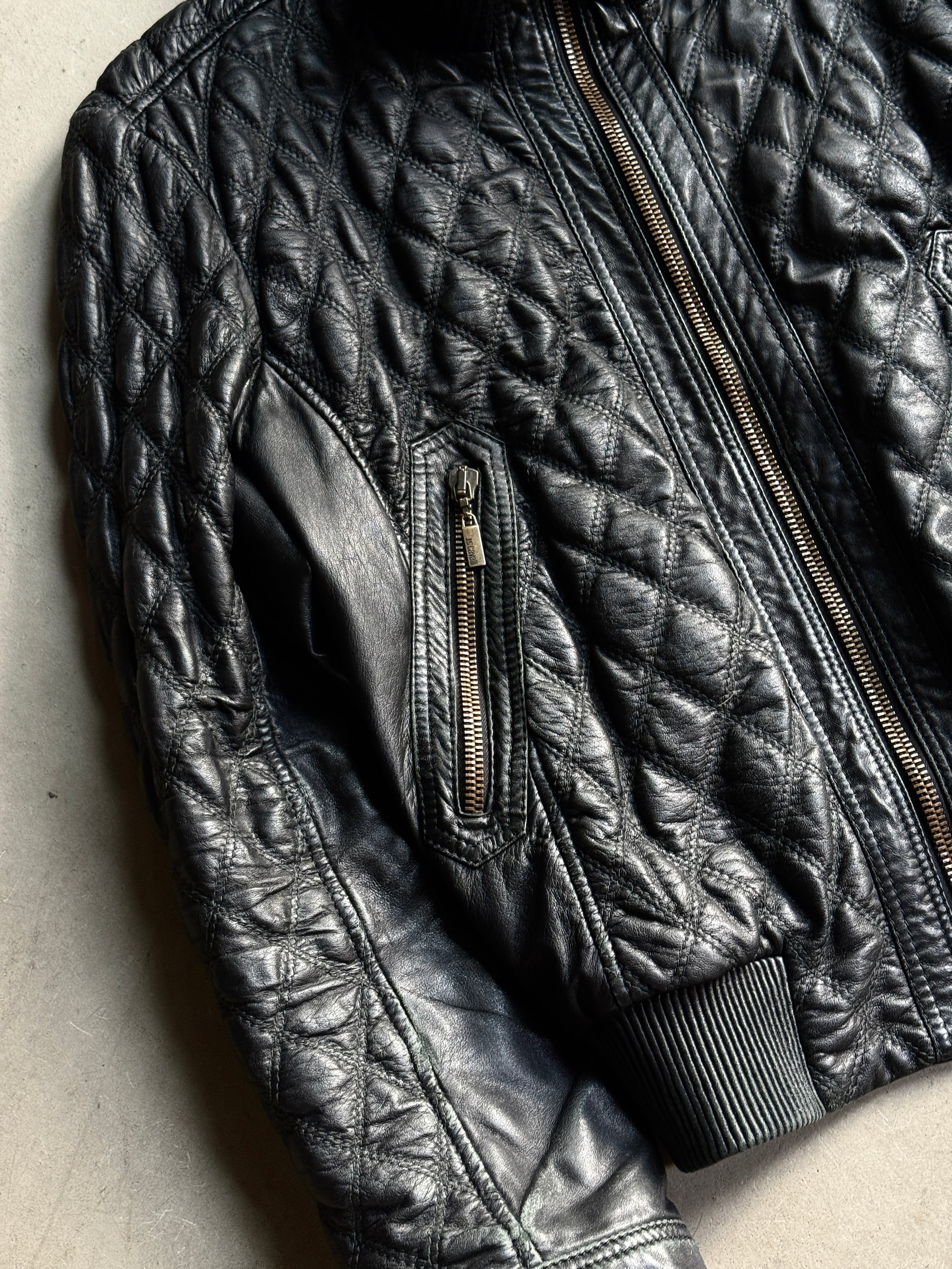 Vintage AW2004 Just Cavalli Cinched Diamond Quilted Leather Jacket Black - M