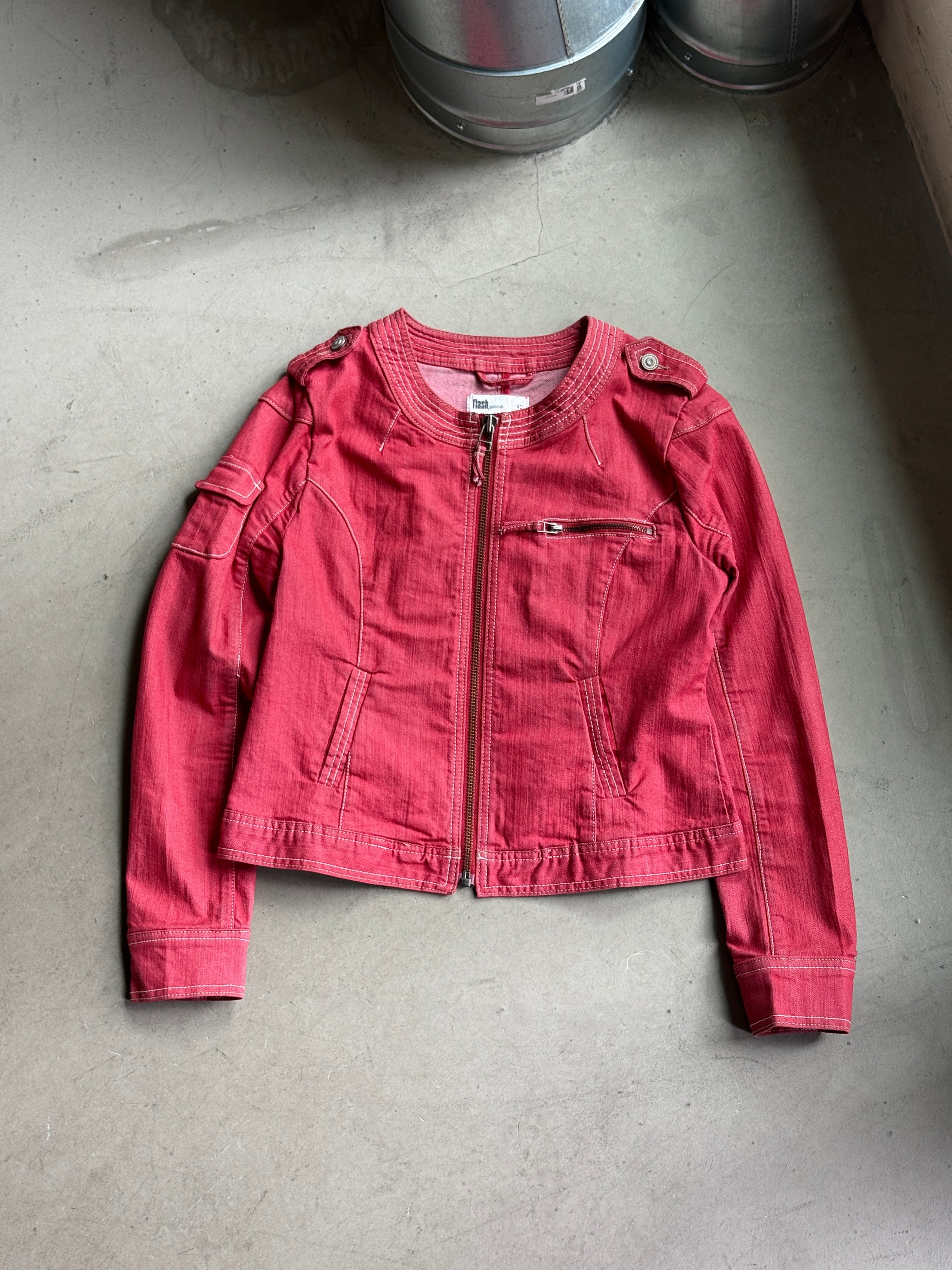 Vintage “Flash Woman” Cropped Zip Denim Jacket Red - S