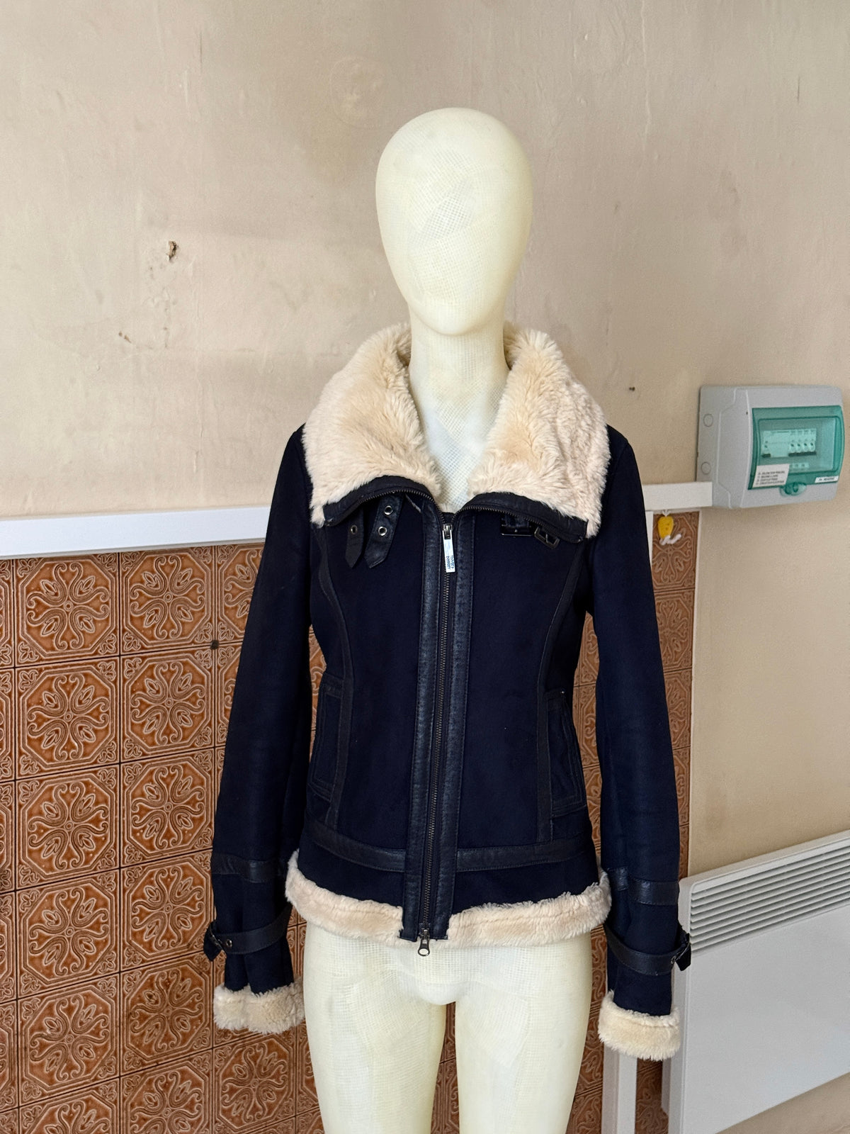 Vintage 00s Armani Jeans Navy Faux Suede / Faux Fur Shearling Aviator Jacket - XS
