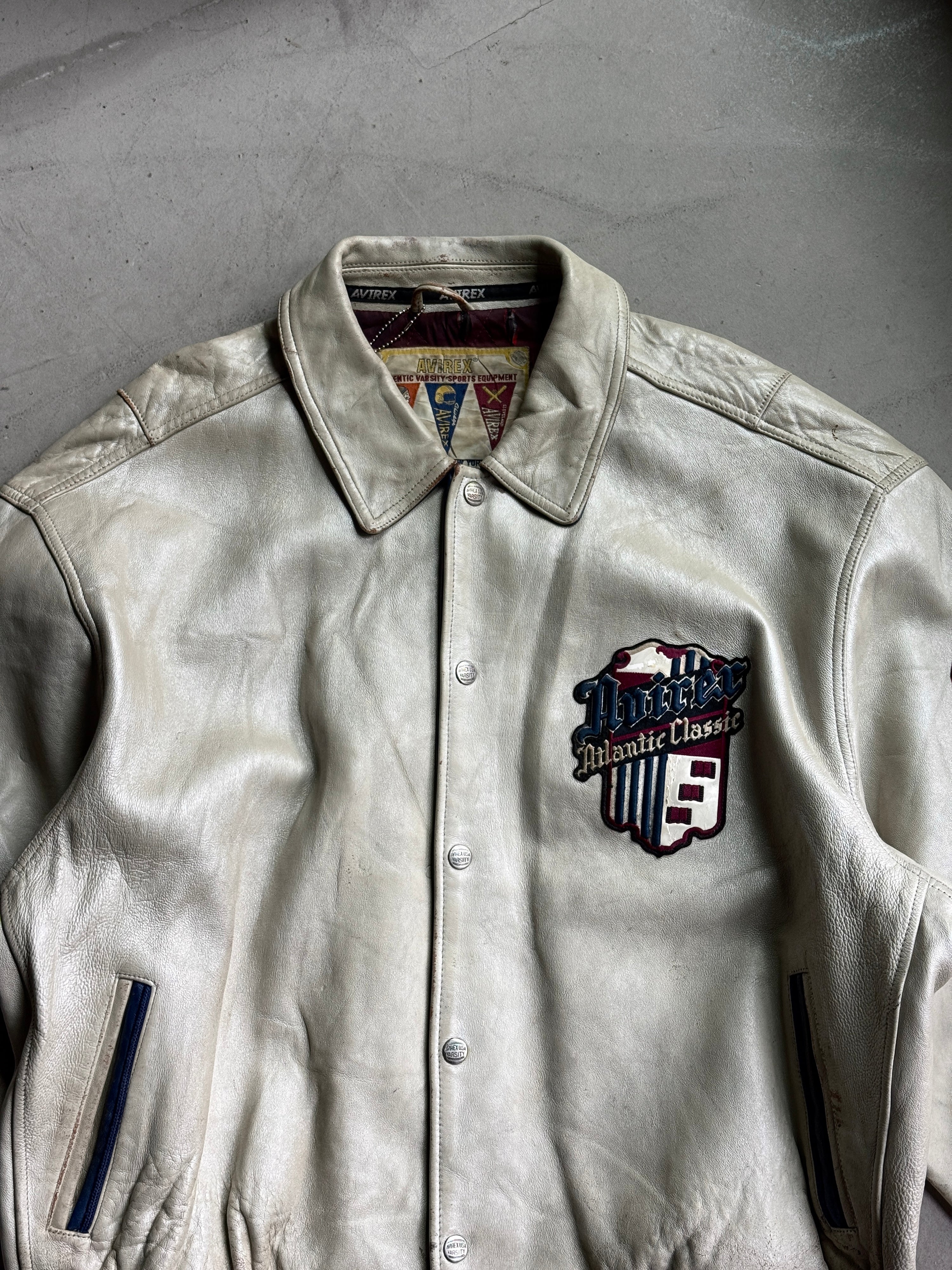Vintage Avirex "University Club New York" Varsity Leather Jacket Cream - XXL