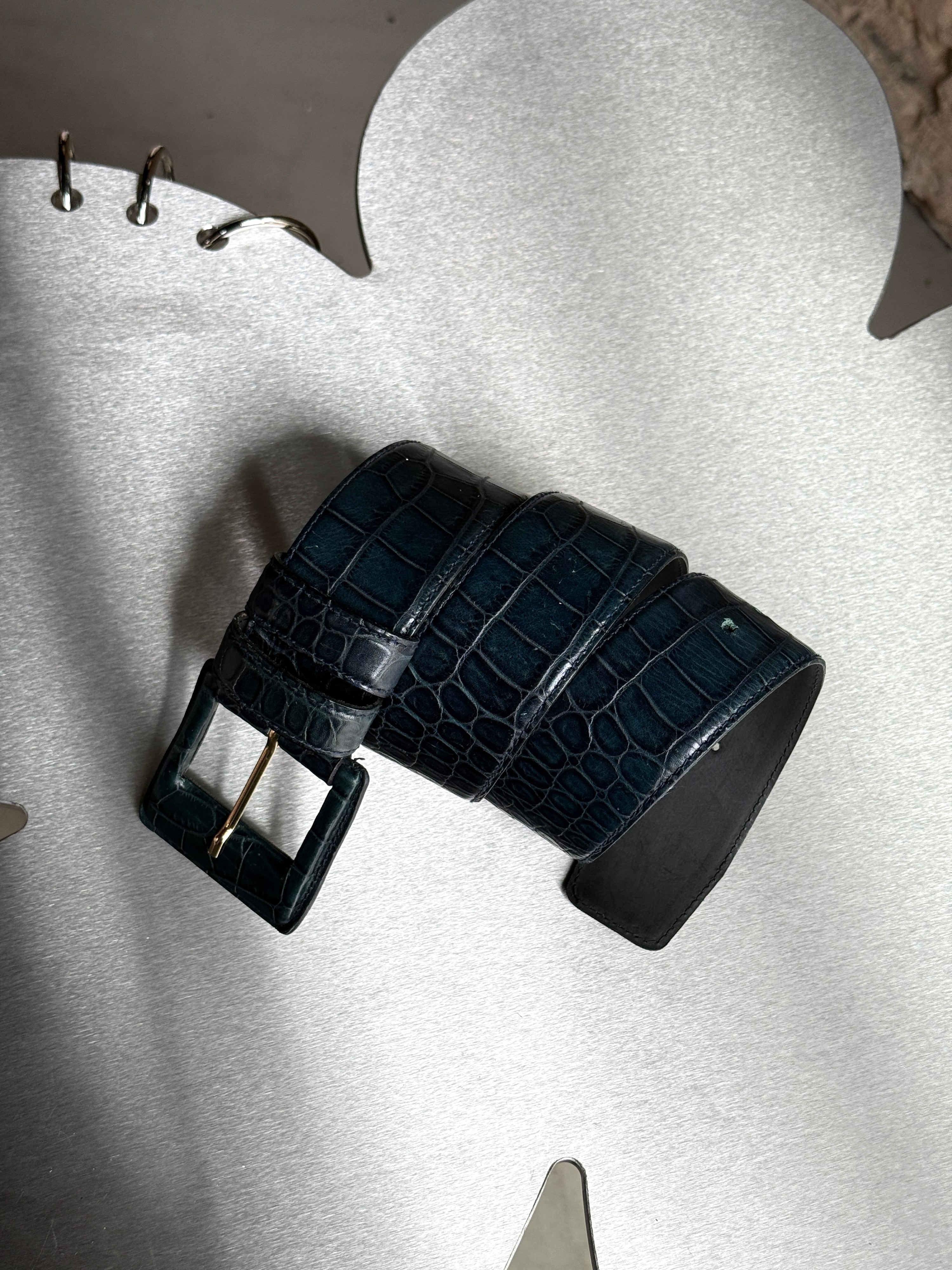 Vintage Max Mara Crocodile Pattern Leather Belt Petrol - L