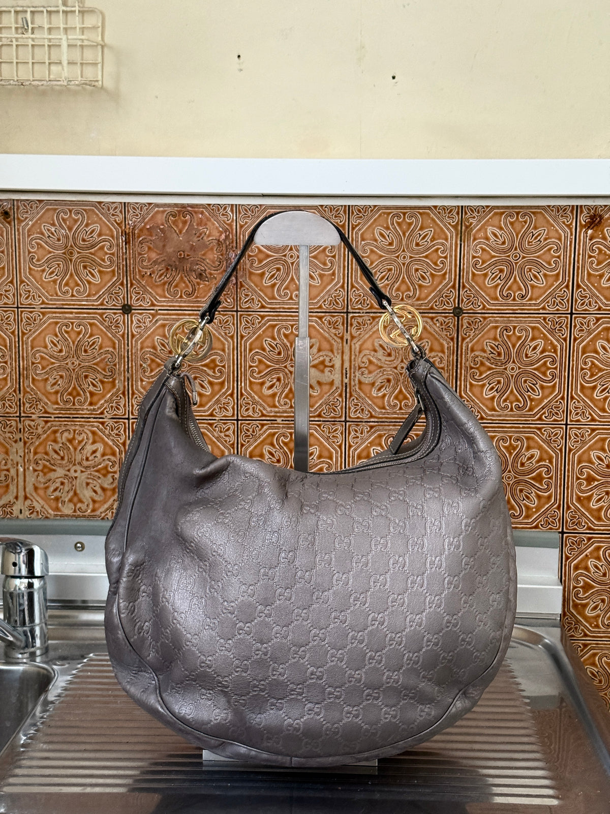 Gucci Guccissima Leather Twins Large Purple Metallic Hobo Bag