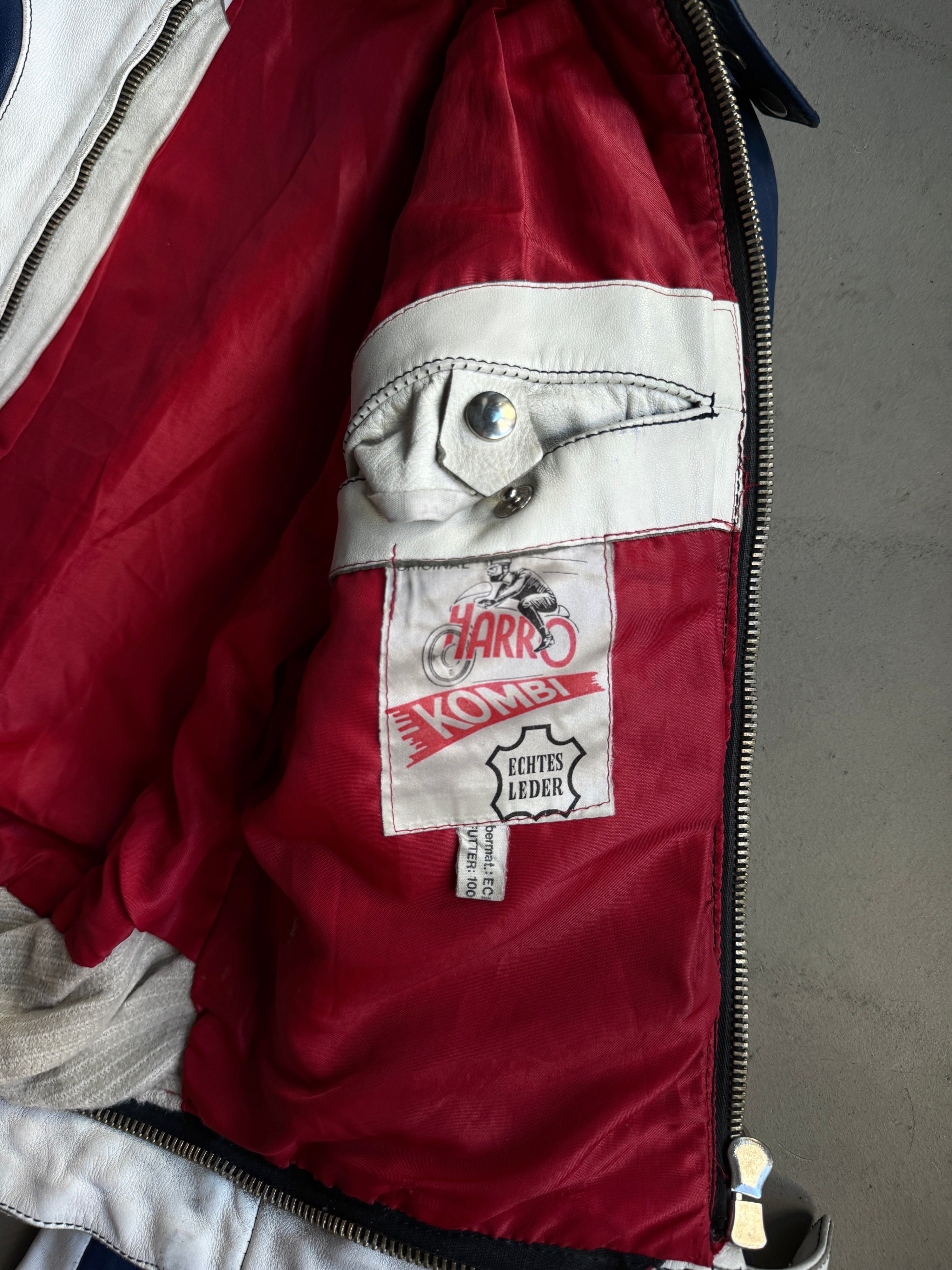 Vintage 1970s Harro Racing Biker Leather Jacket White / Navy - XS