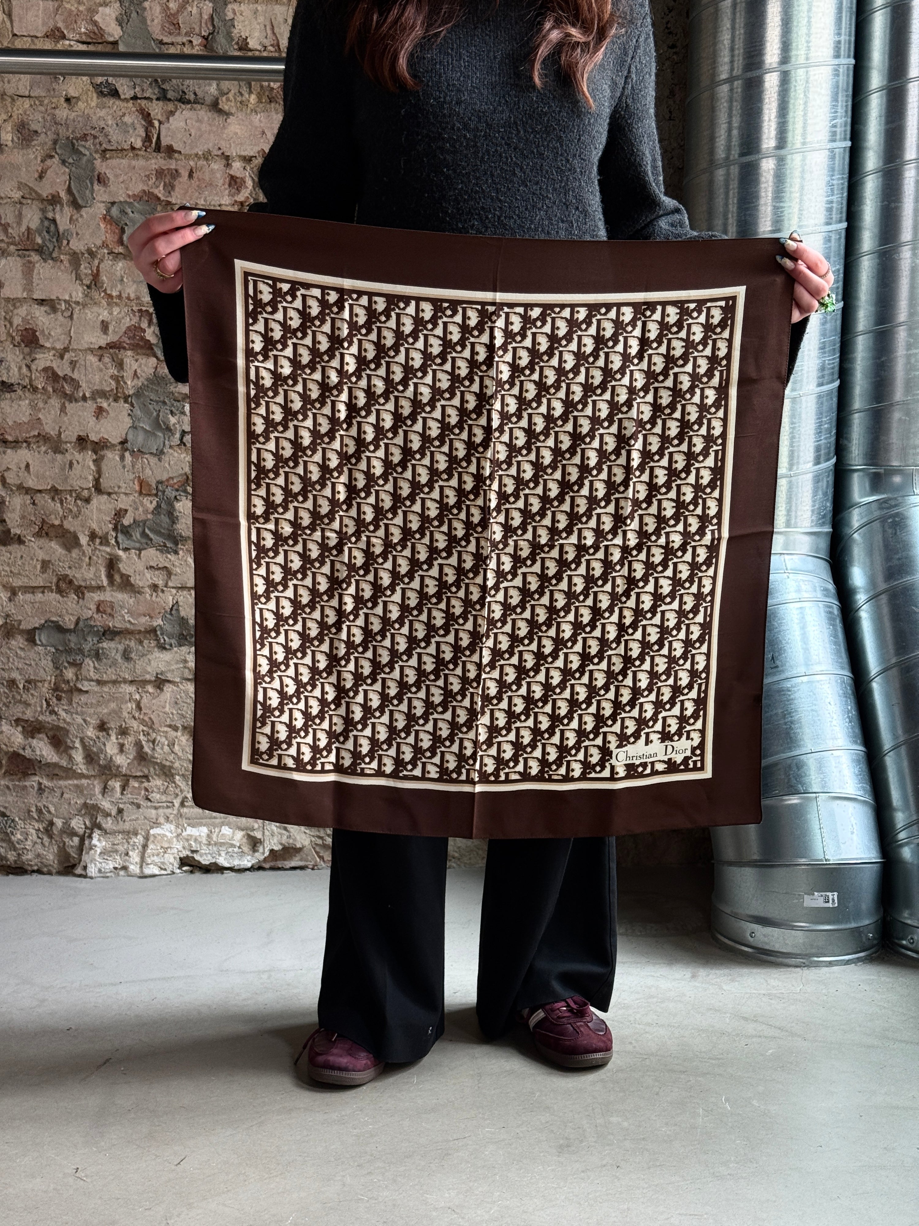 Vintage Christian Dior Oblique Silk Scarf Brown