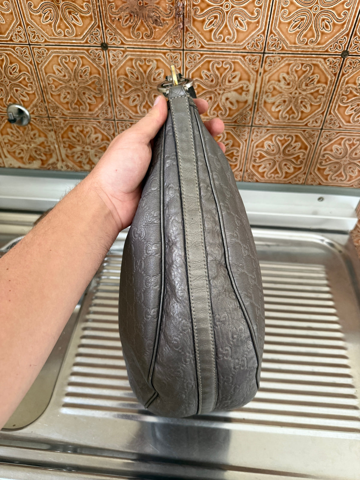 Gucci Guccissima Leather Twins Large Purple Metallic Hobo Bag