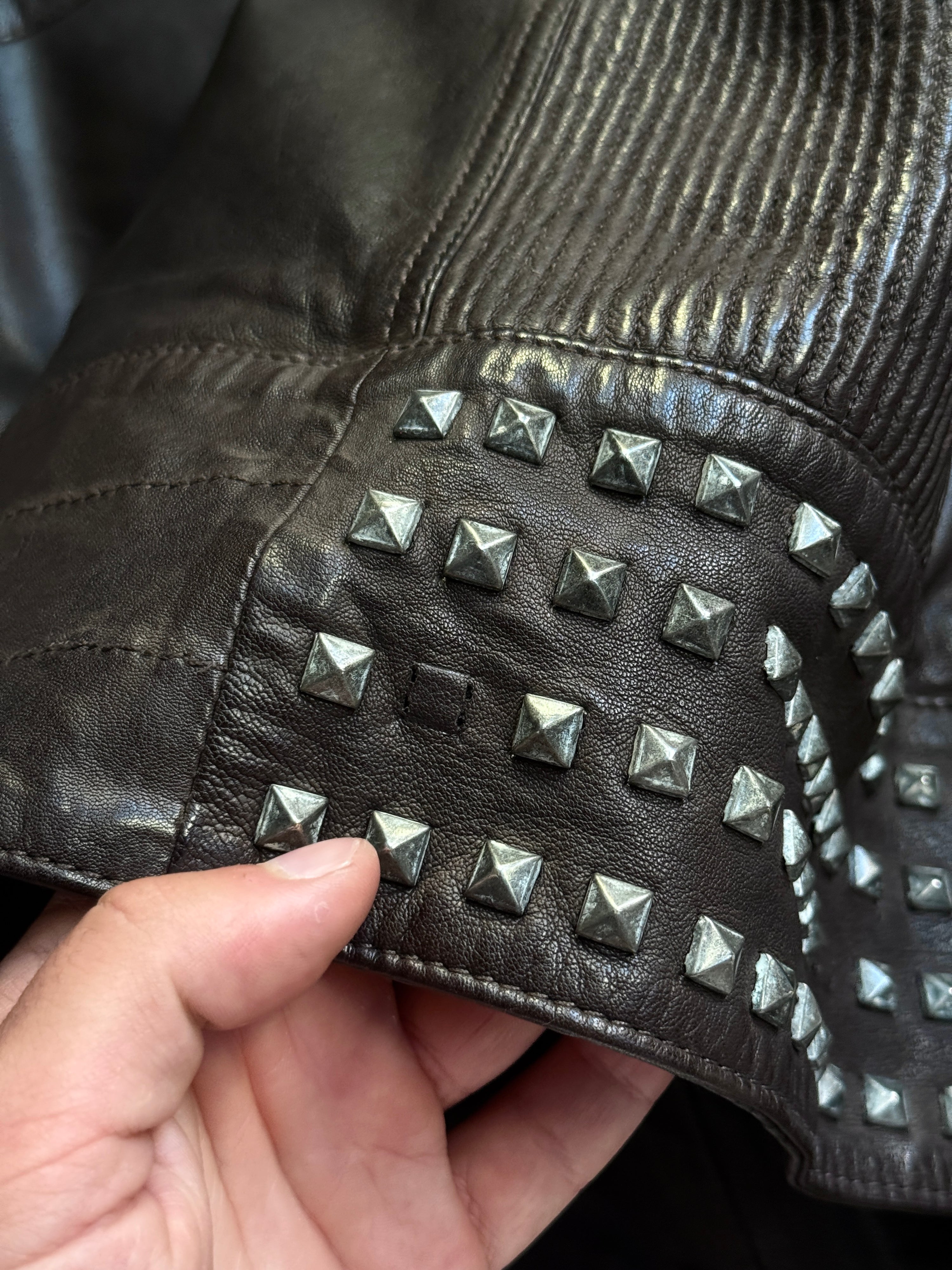 Vintage 2000s Hugo Boss Orange Studded Biker Leather Jacket Brown - S