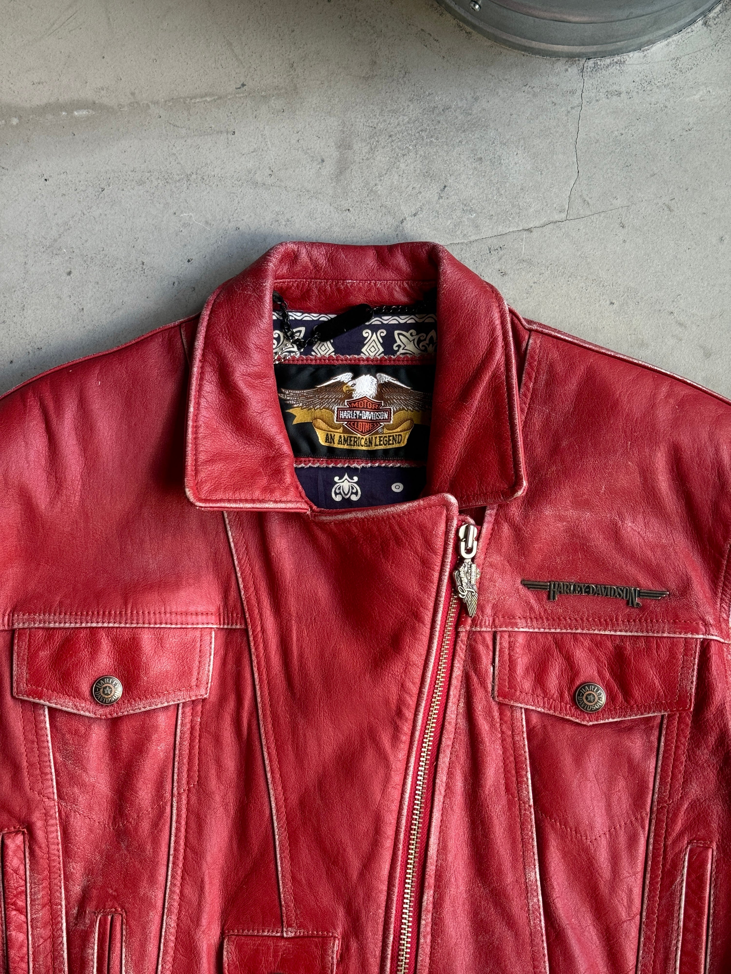 Vintage Bandana Lined Harley-Davidson Biker Leather Jacket Red - M