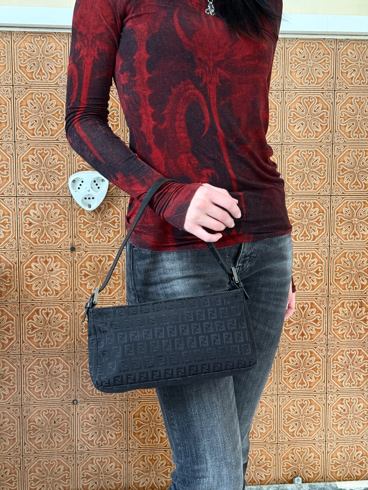 Vintage Fendi FF Zucchino Canvas Pochette Black Shoulder Bag