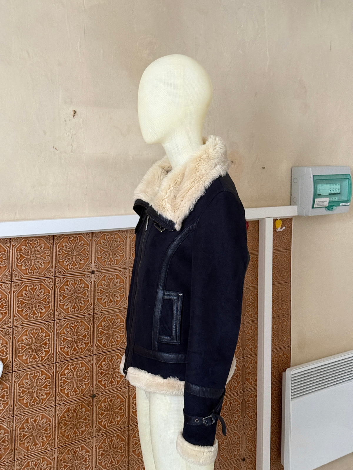 Vintage 00s Armani Jeans Navy Faux Suede / Faux Fur Shearling Aviator Jacket - XS