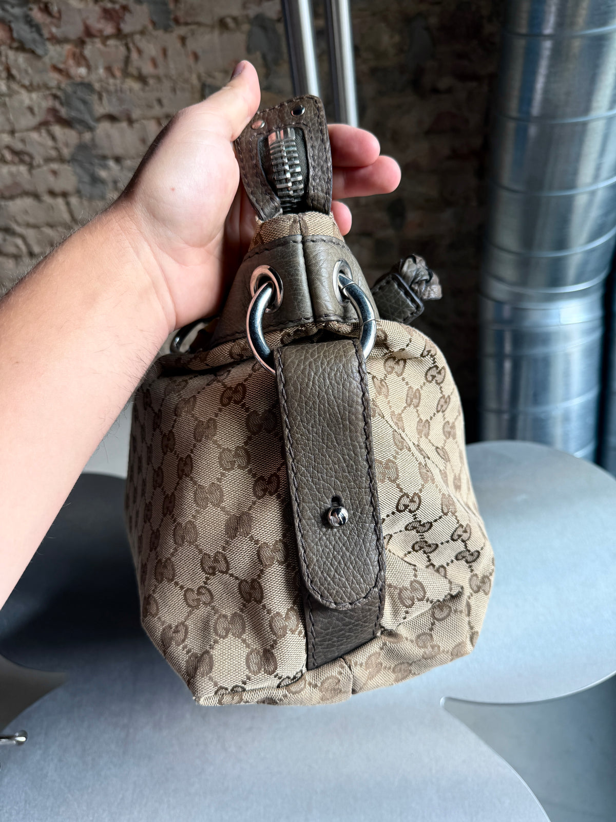 Vintage Gucci GG Bamboo Bar Large Shoulder Bag (Khaki Braided Strap)