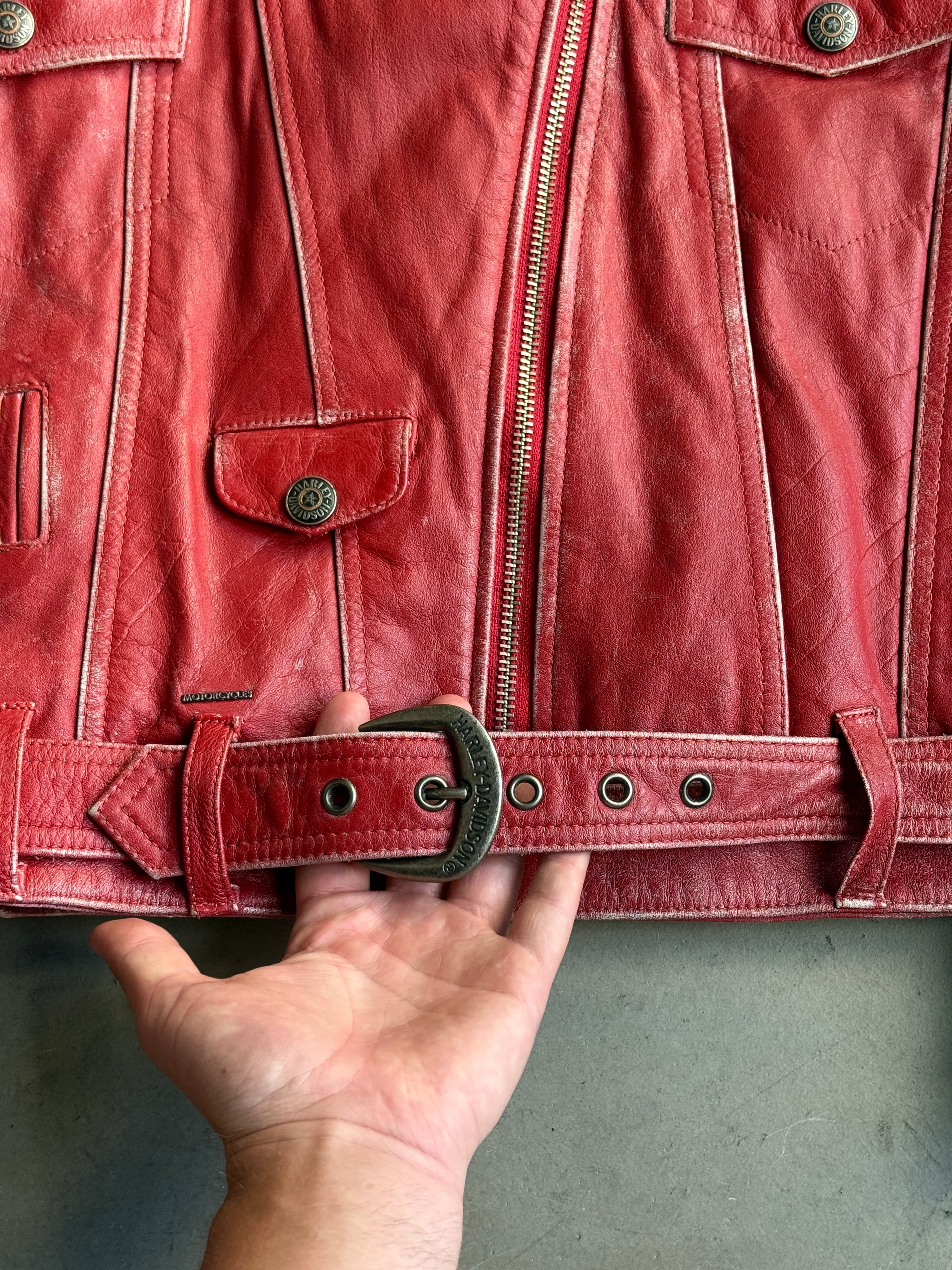 Vintage Bandana Lined Harley-Davidson Biker Leather Jacket Red - M