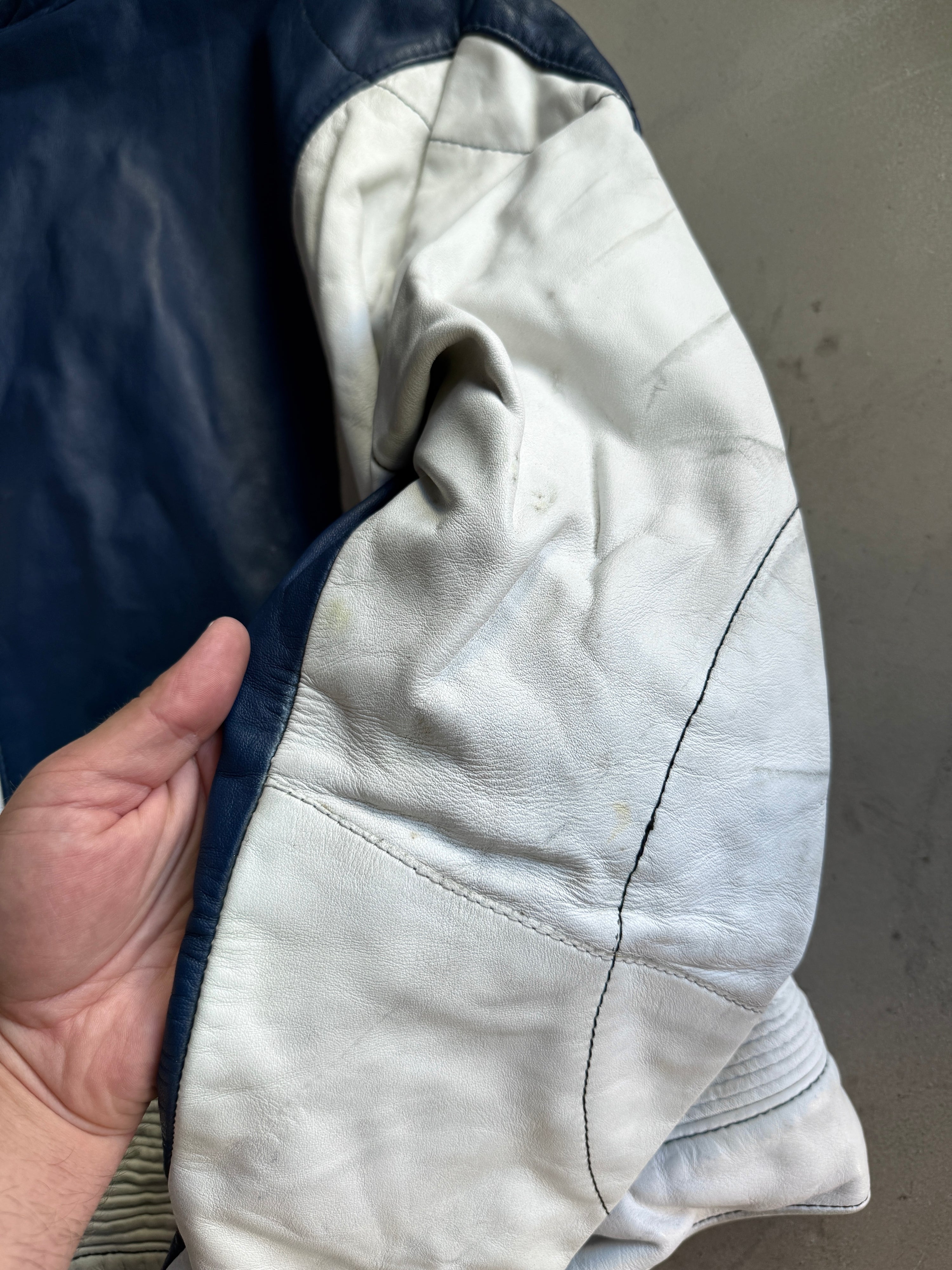Vintage 1970s Harro Racing Biker Leather Jacket White / Navy - XS