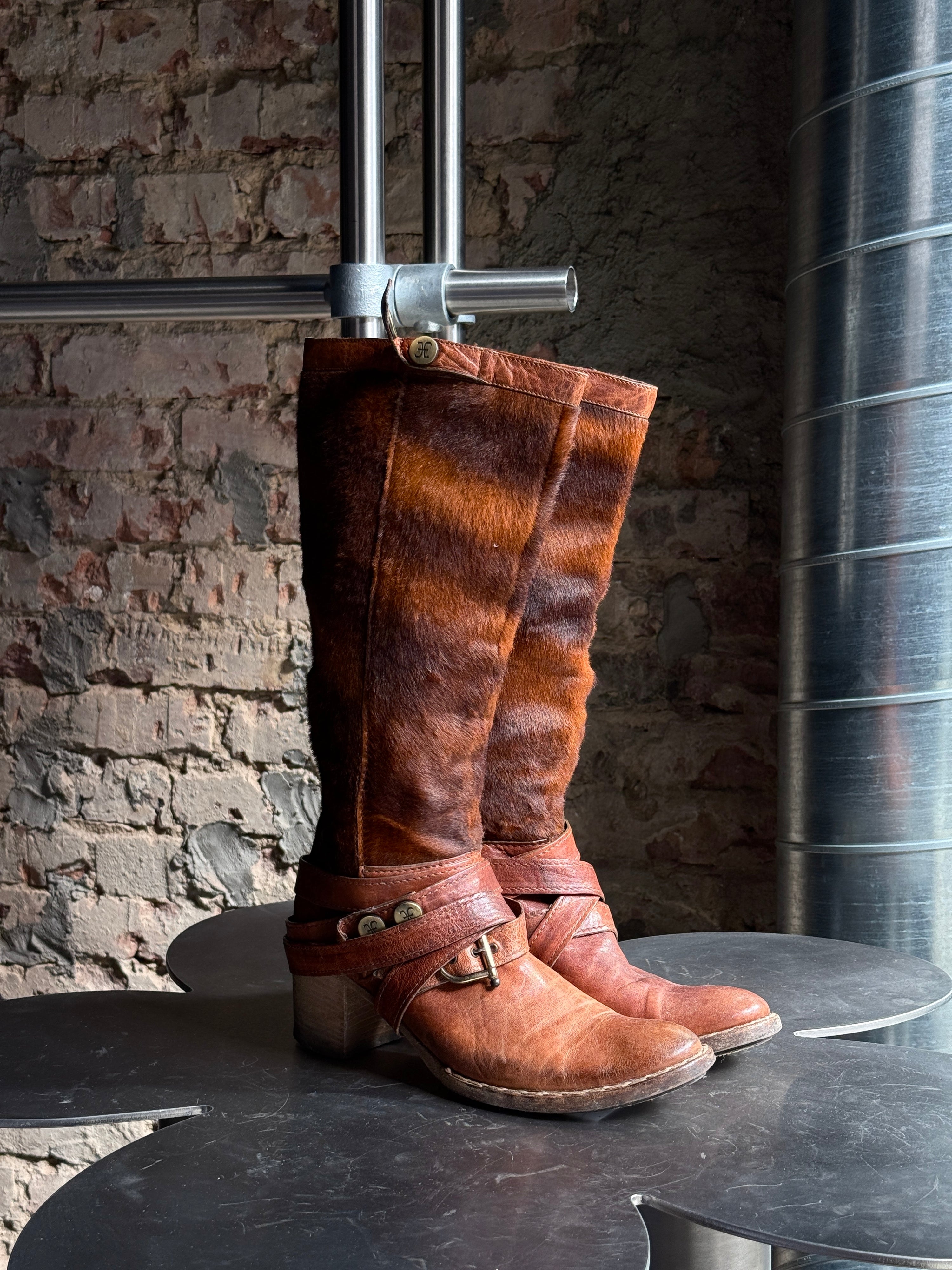 Vintage Fabi Italian Leather & Faux Fur Buckle Boots Brown - EU 38.5