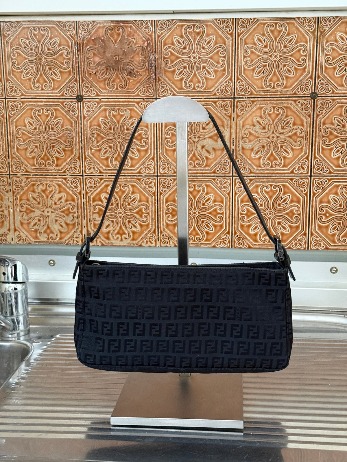 Vintage Fendi FF Zucchino Canvas Pochette Black Shoulder Bag