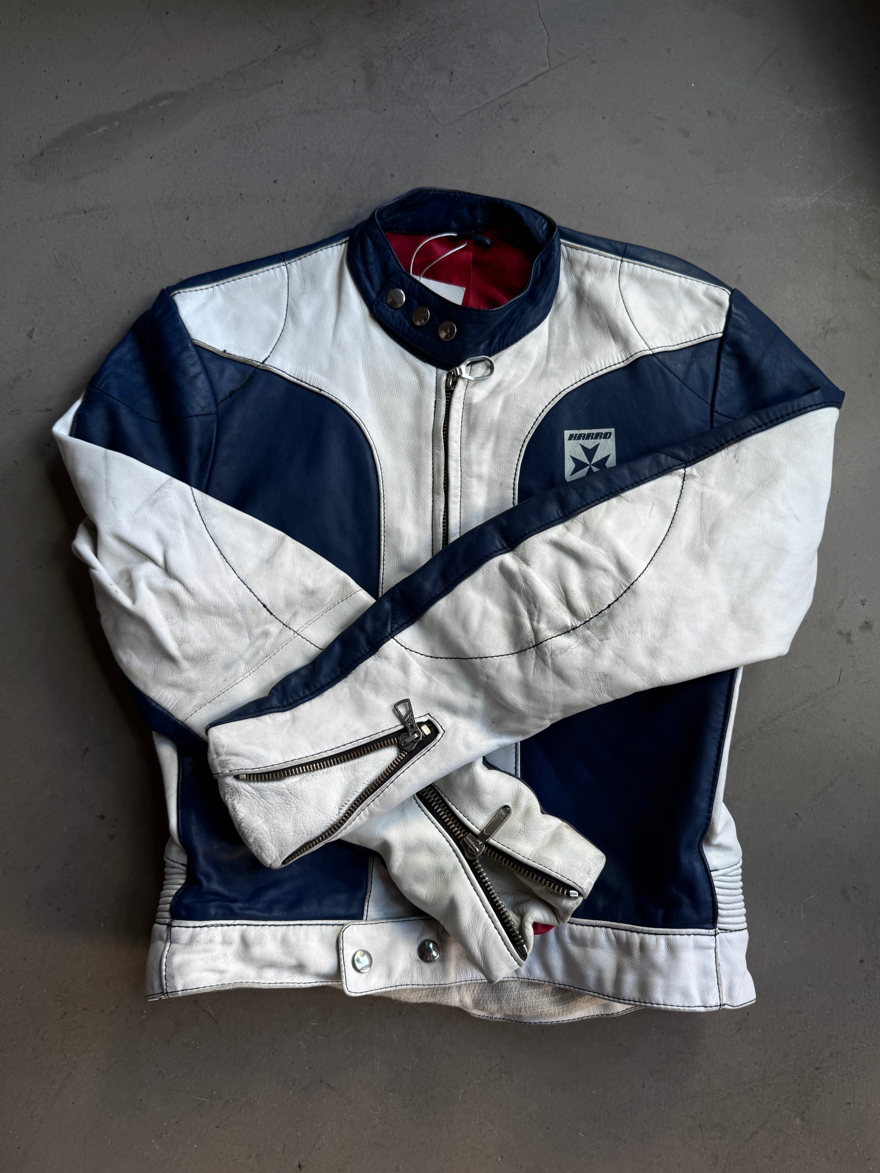 Vintage 1970s Harro Racing Biker Leather Jacket White / Navy - XS