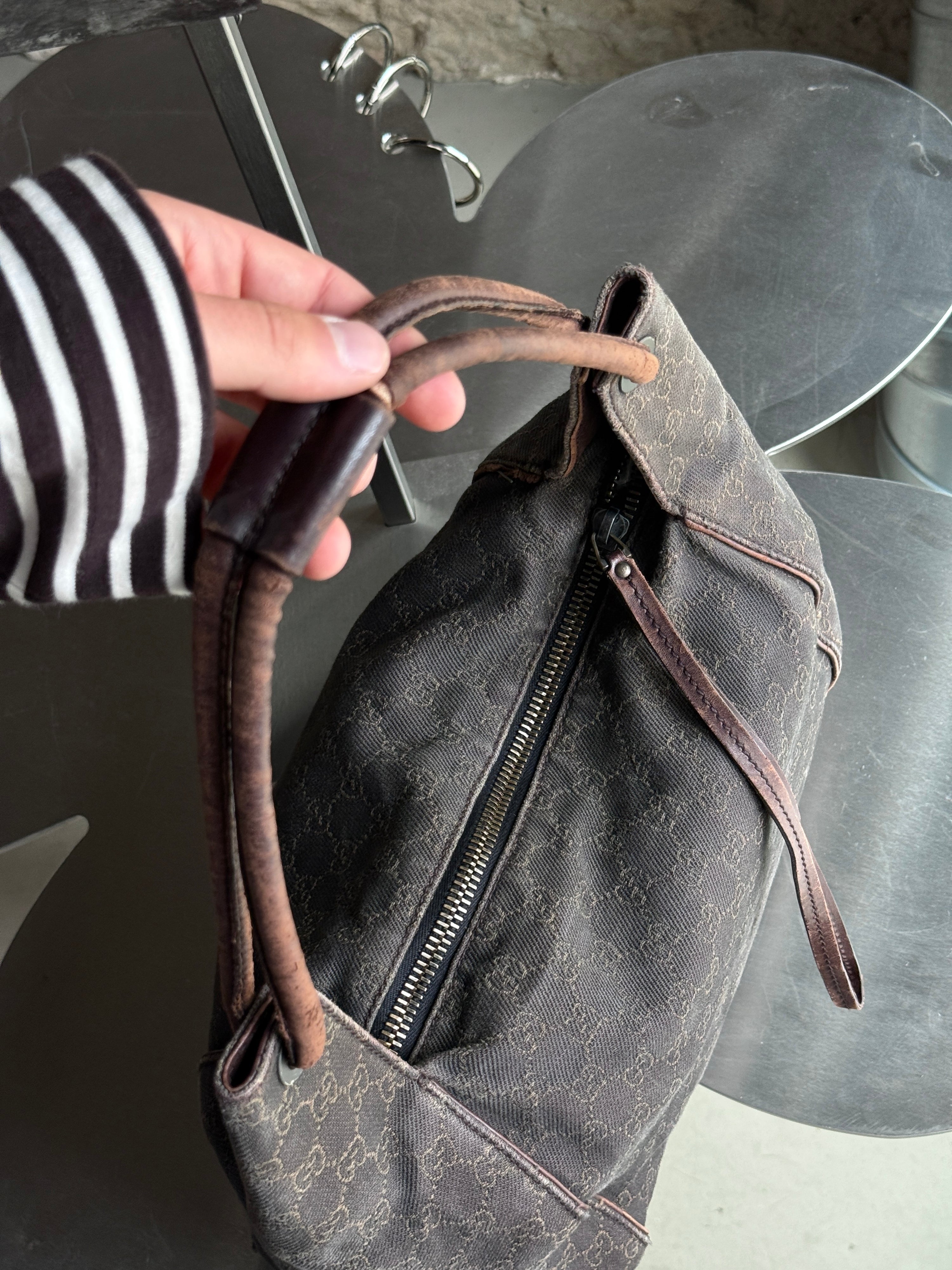 Vintage Gucci GG Cloth Hobo Bag Dark Brown