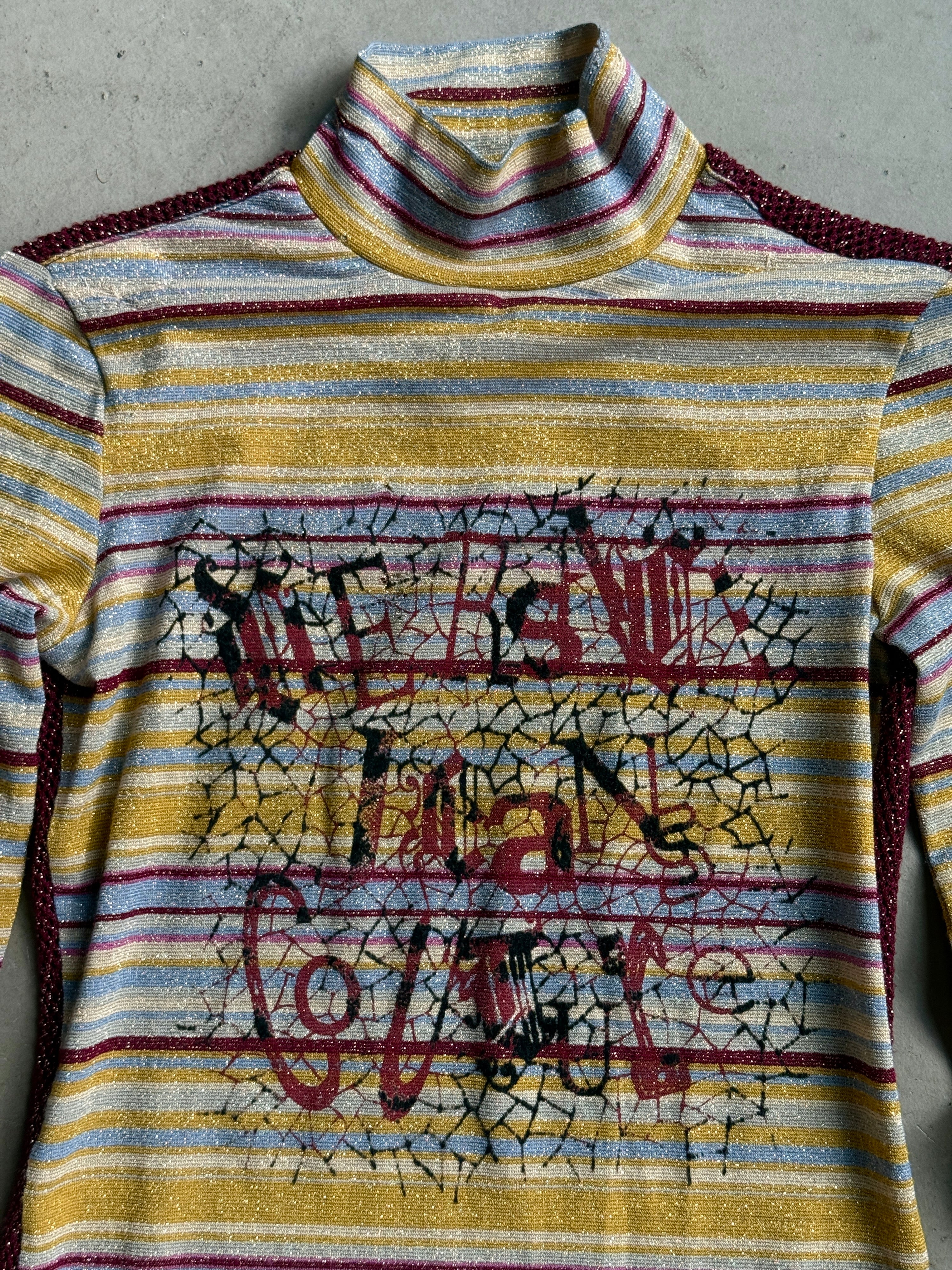 Vintage 2000s Versace Striped Turtleneck Shiny Mockneck Longsleeve Top - S