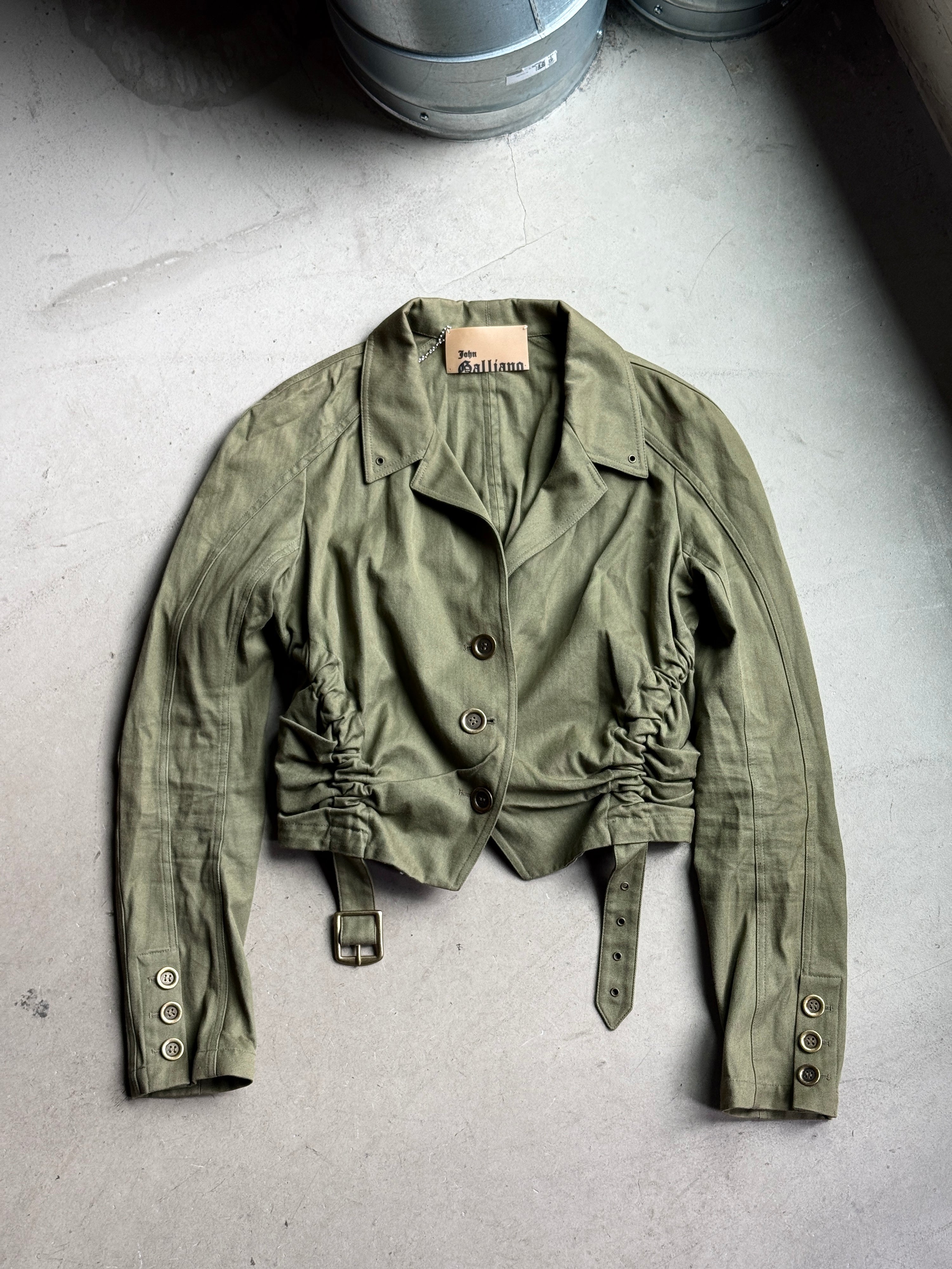 2000s John Galliano Snatched Ruched Button Jacket Khaki - XS