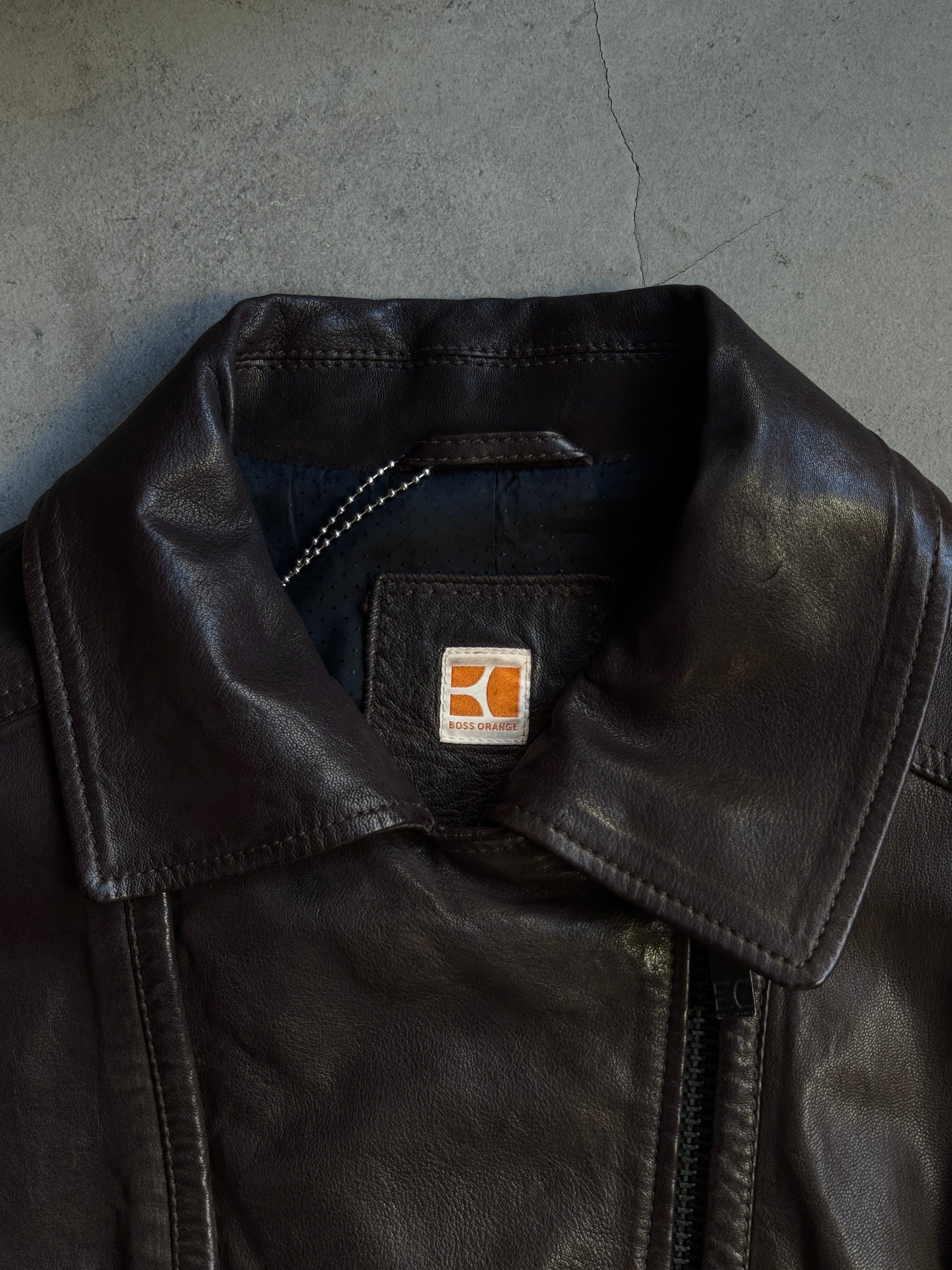 Vintage 2000s Hugo Boss Orange Studded Biker Leather Jacket Brown - S