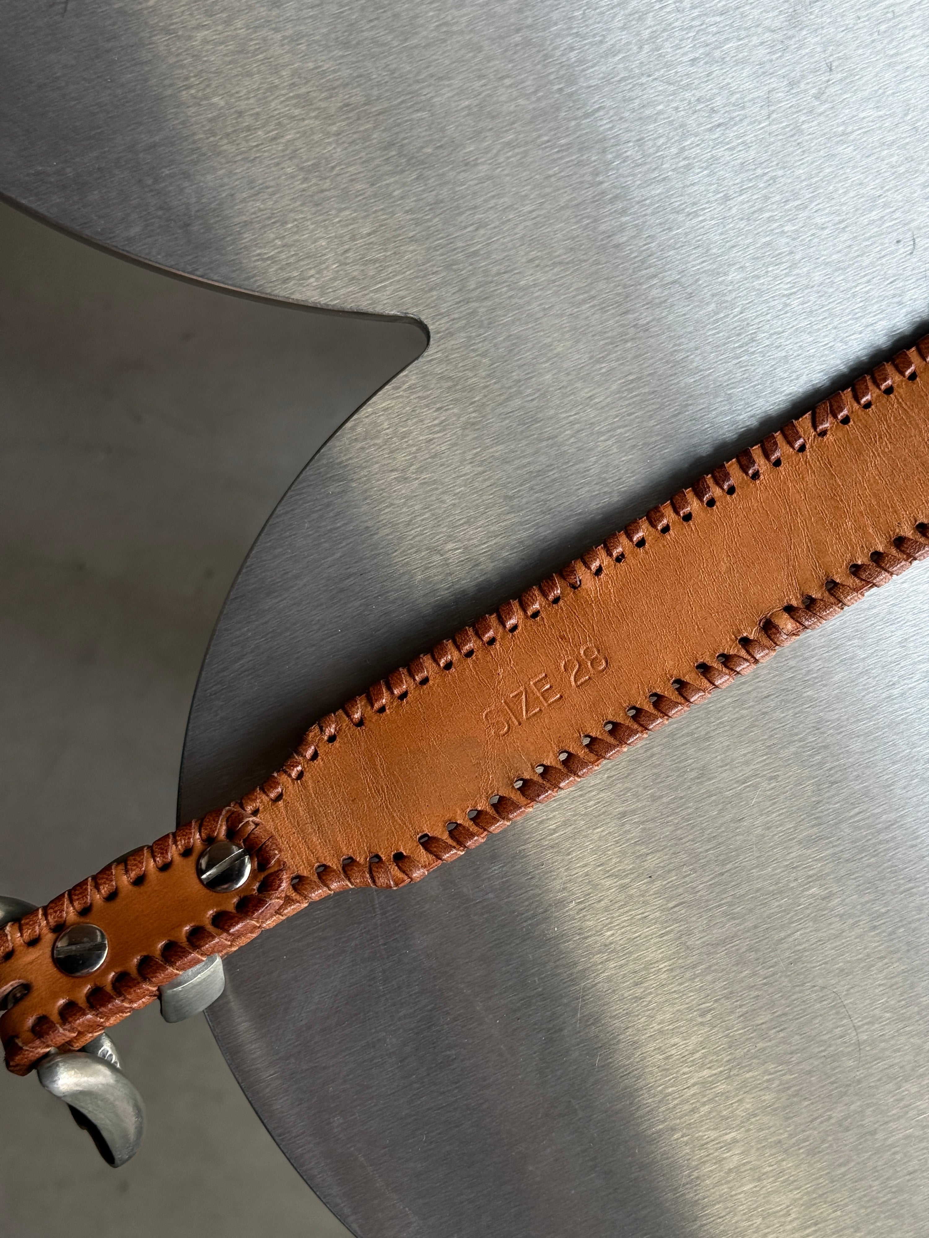 Vintage 1991 Chambers Native American / Aztec Beaded Brown Leather Belt