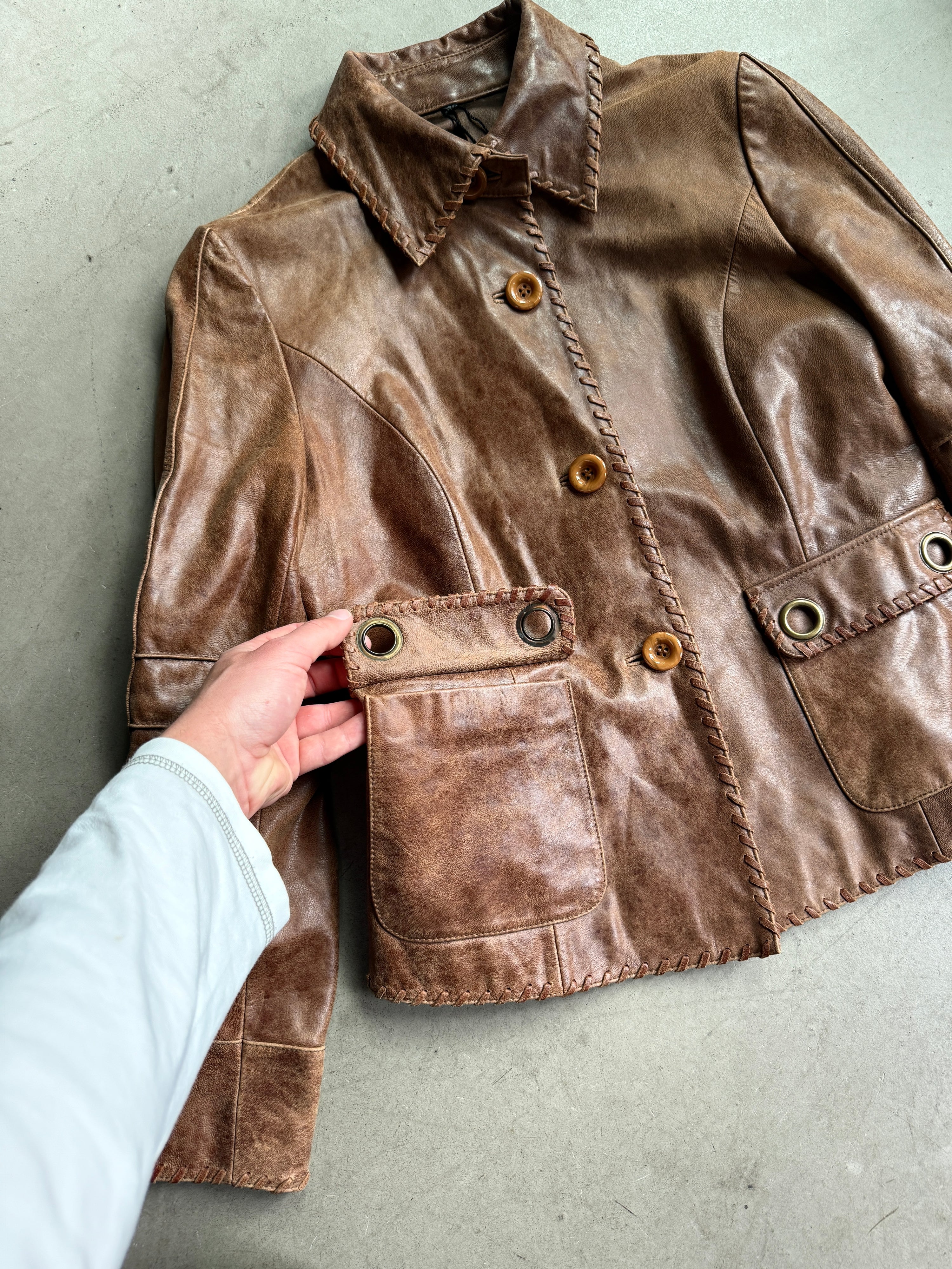 Vintage Brown Leather Jacket w/ oversized flap pockets - S