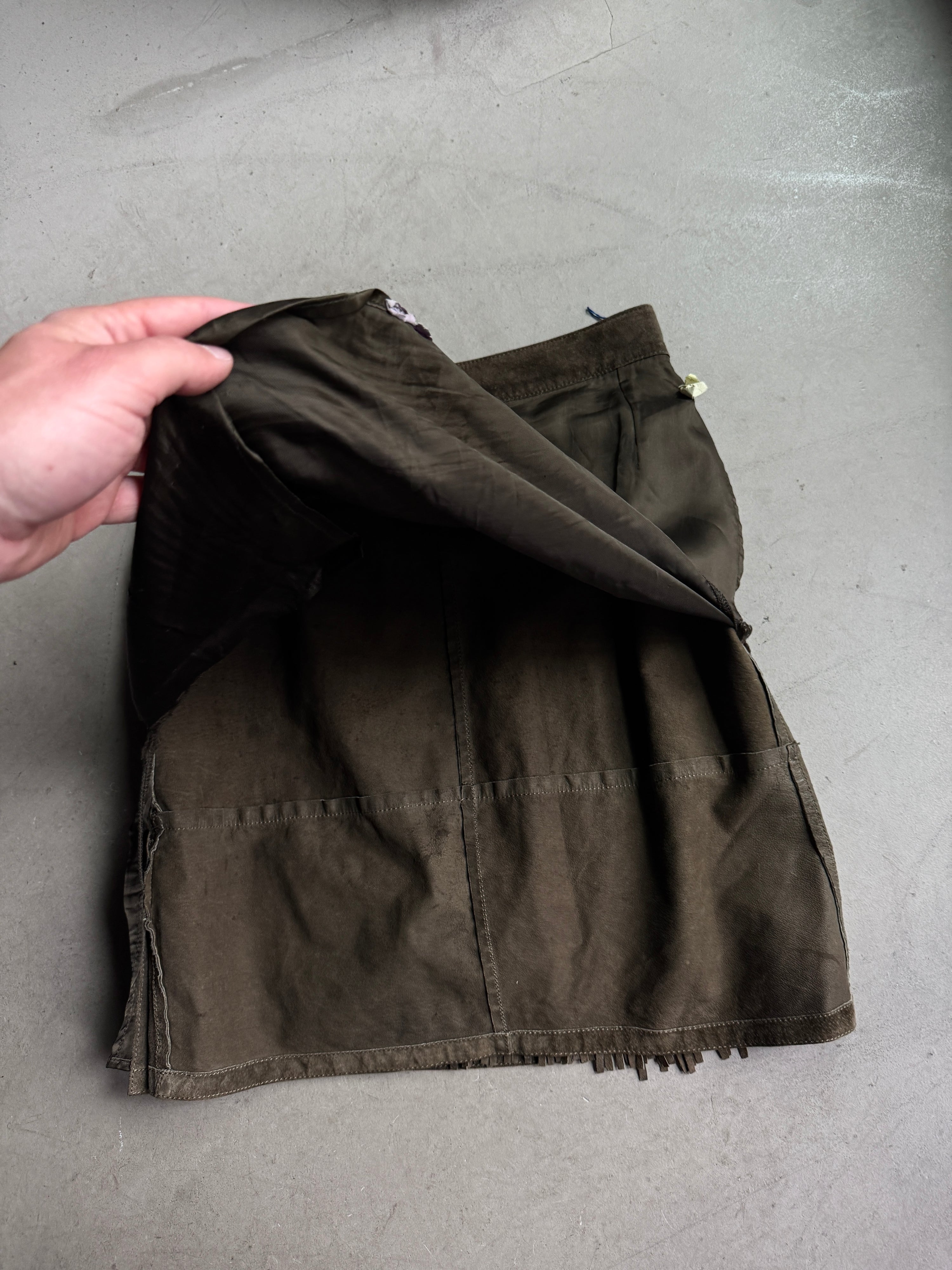 Vintage Conbipel Suede Fringed Leather Knee Skirt Brown - W30