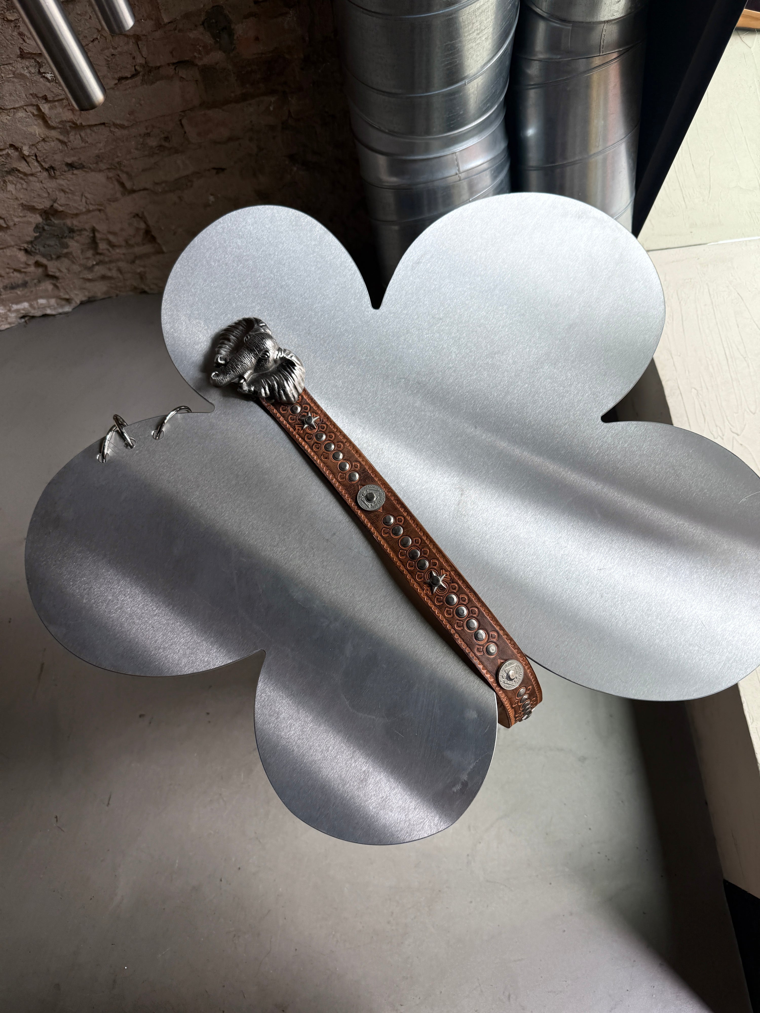 Vintage Elephant Buckle Coin-Studded Leather Belt Brown