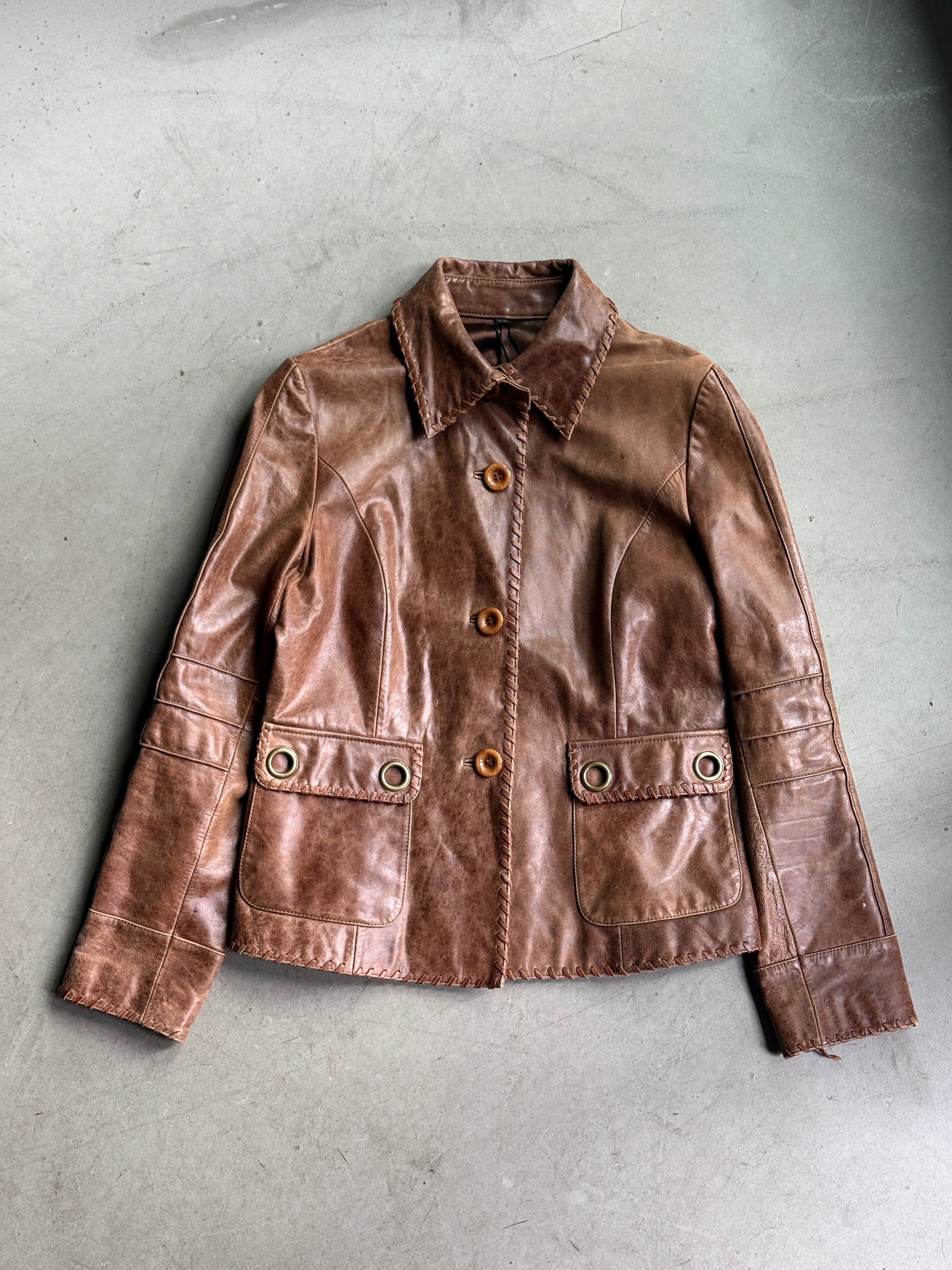 Vintage Brown Leather Jacket w/ oversized flap pockets - S