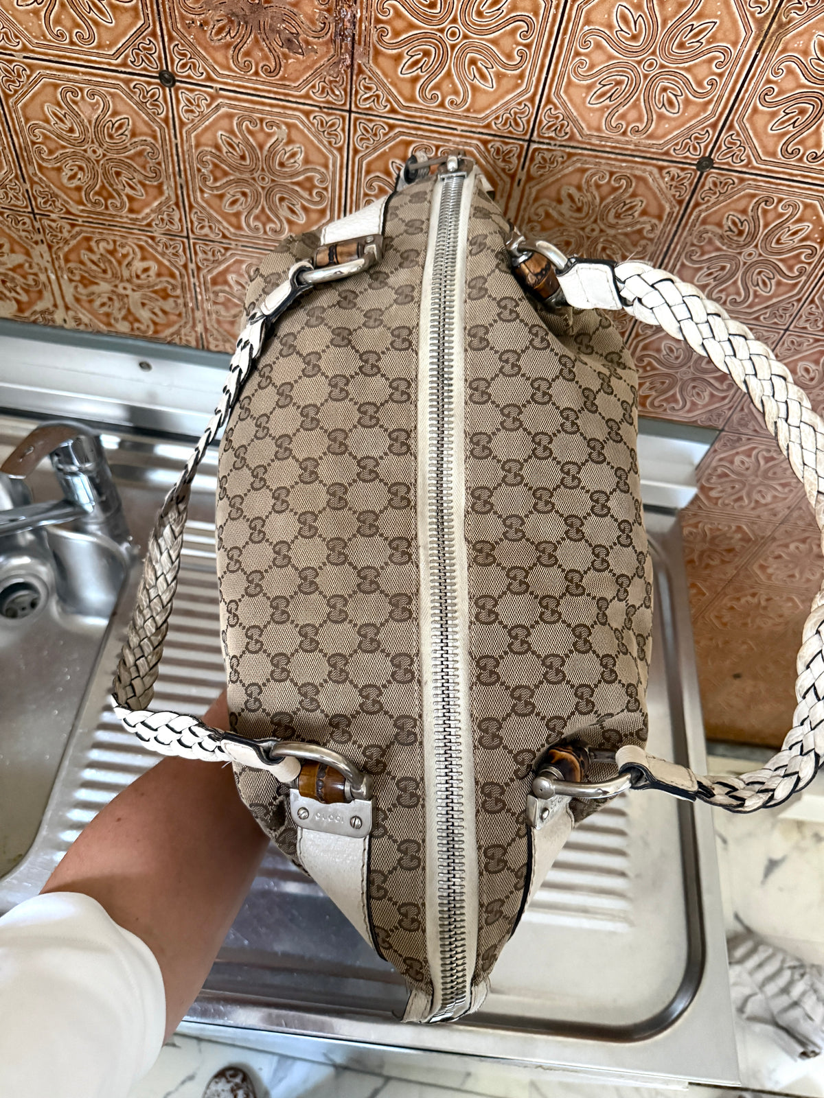 Gucci GG Bamboo Bar Medium Monogram White Shoulder Bag